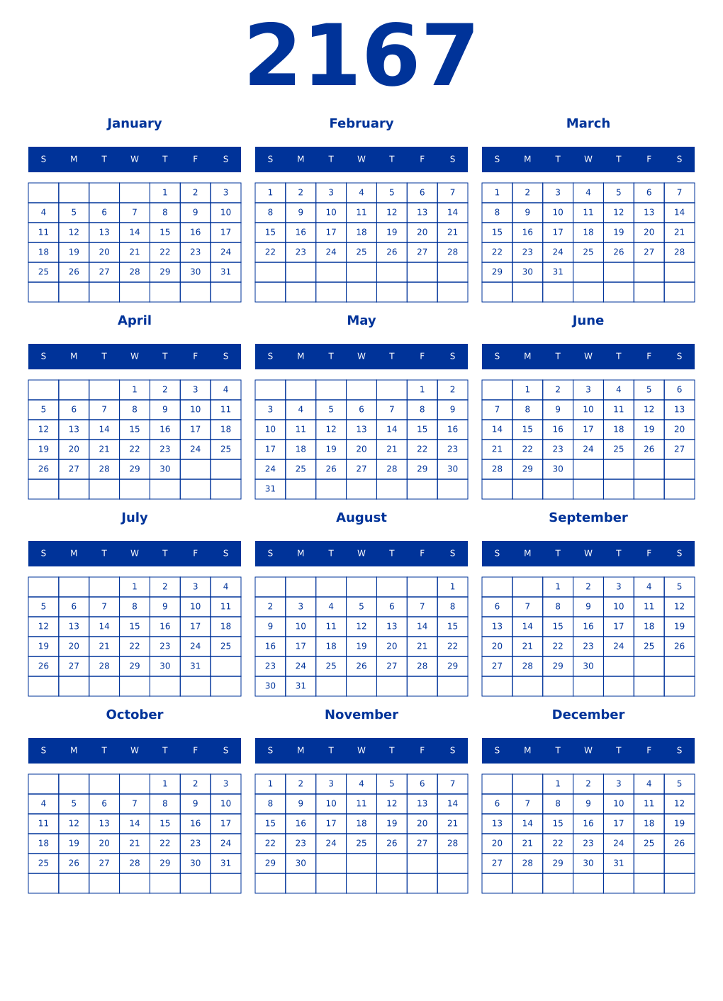 Printable 2167 Year Calendars smalt