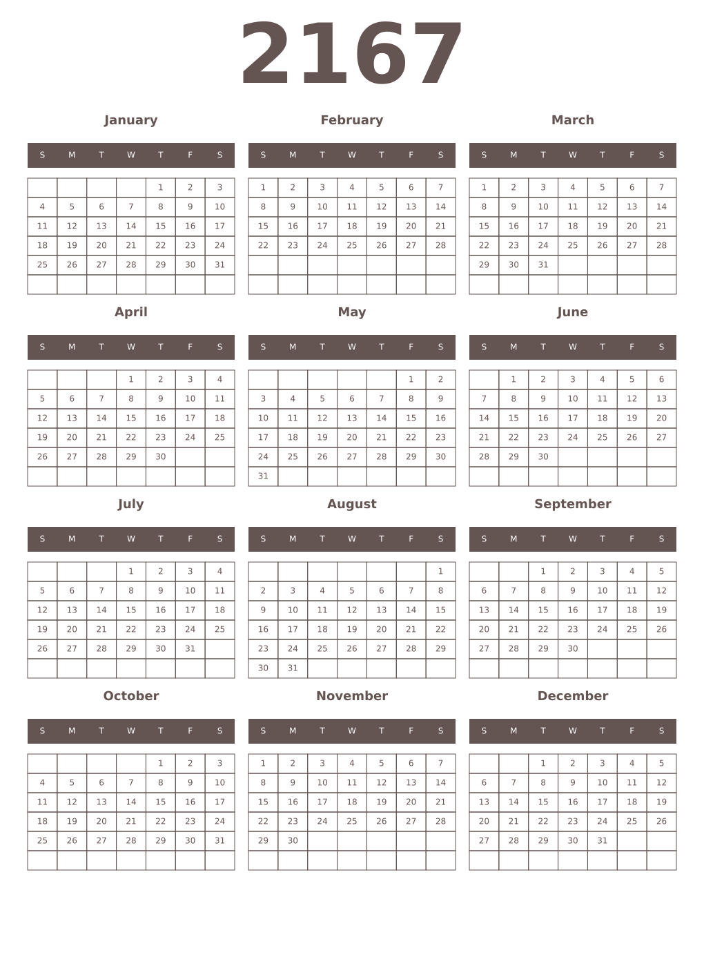 Printable 2167 Year Calendars wenge
