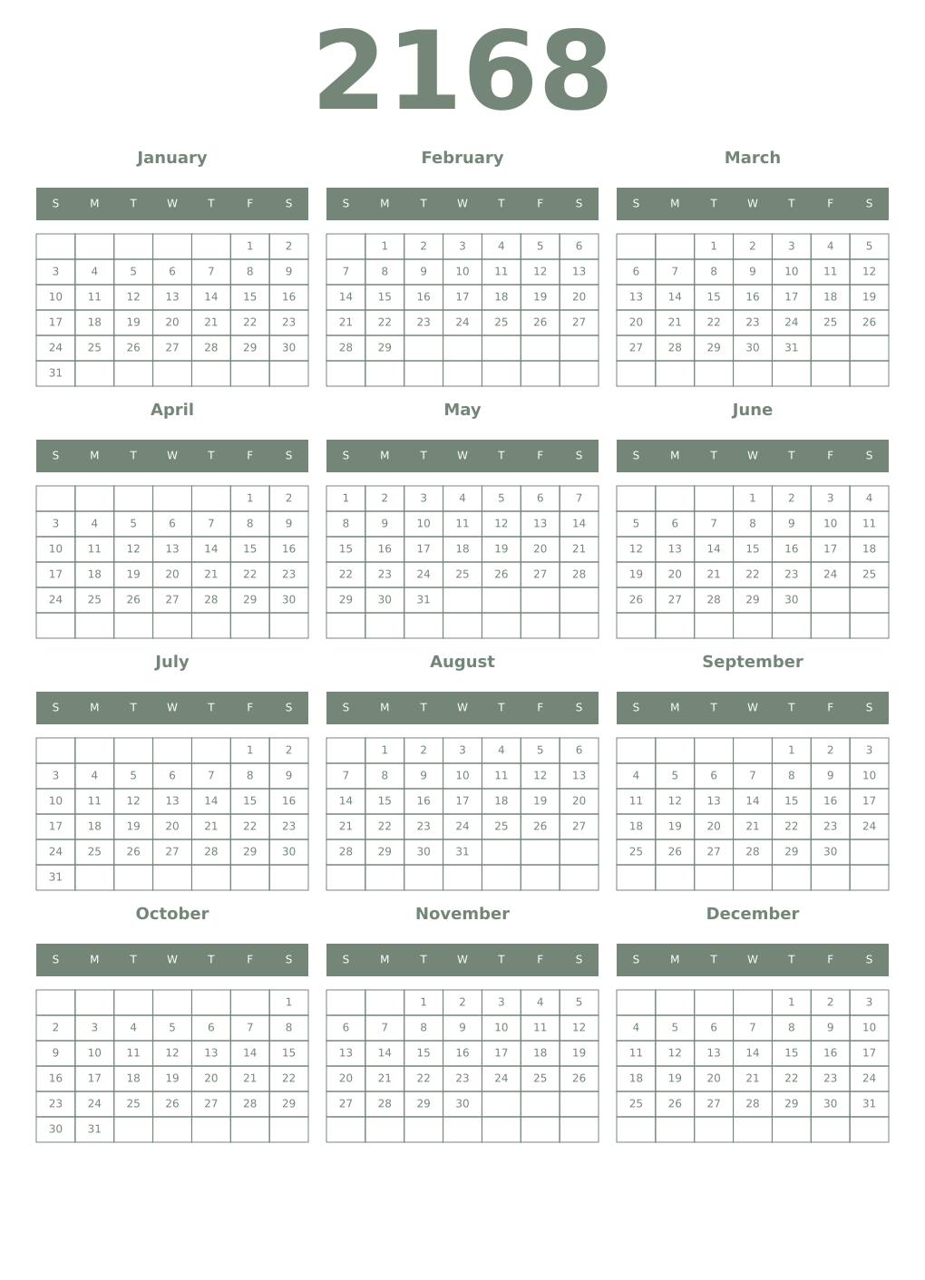 Printable 2168 Year Calendars xanadu