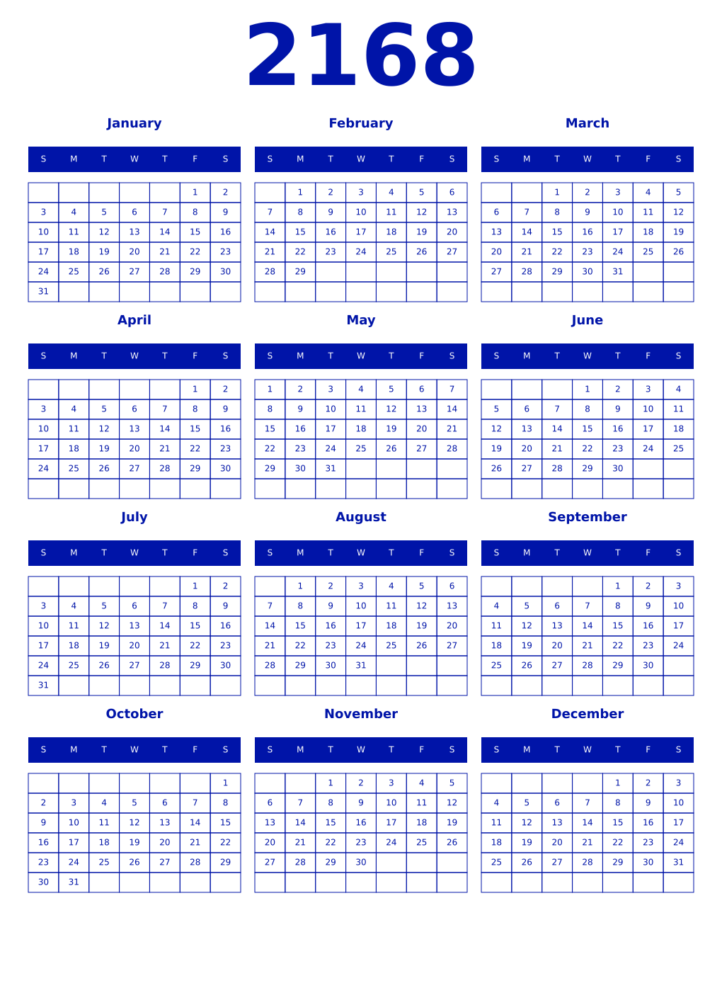 Printable 2168 Year Calendars zaffre