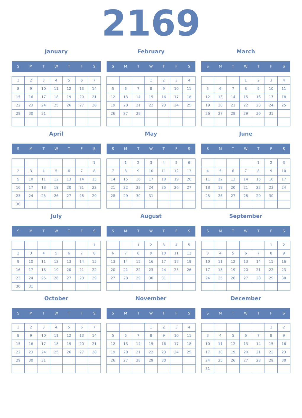 Printable 2169 Year Calendars glaucous