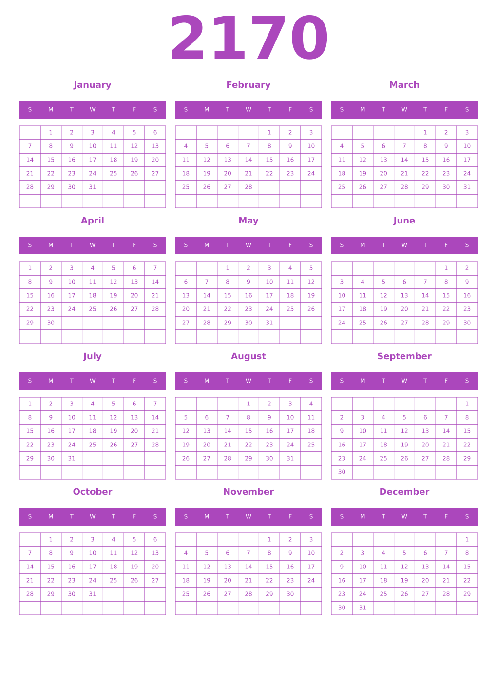 Printable 2170 Calendars