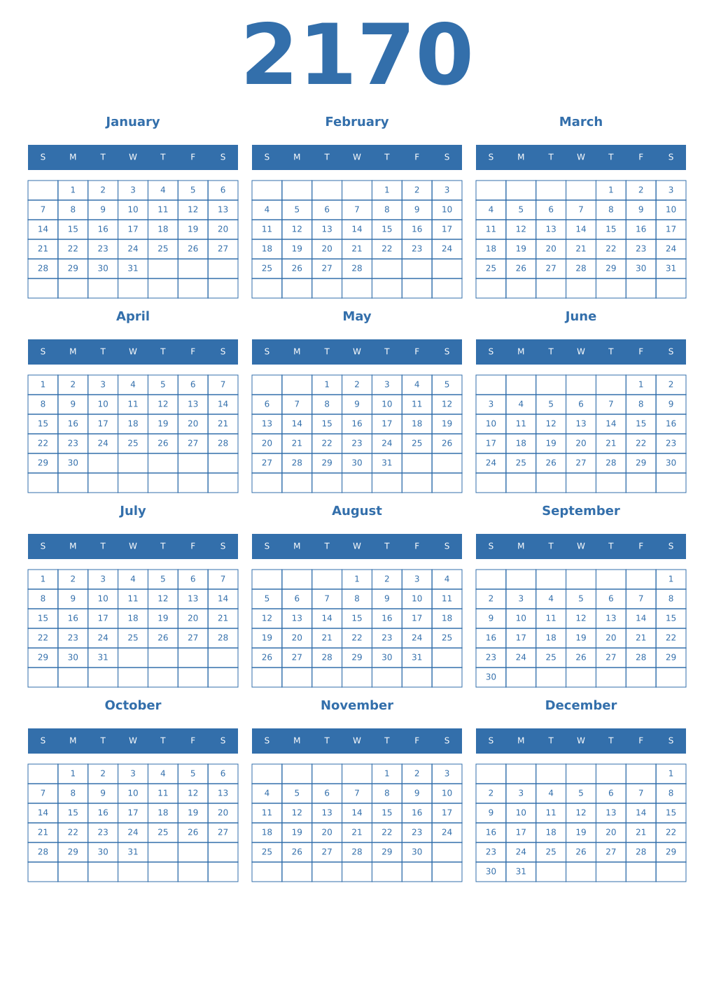 Printable 2170 Year Calendars blue