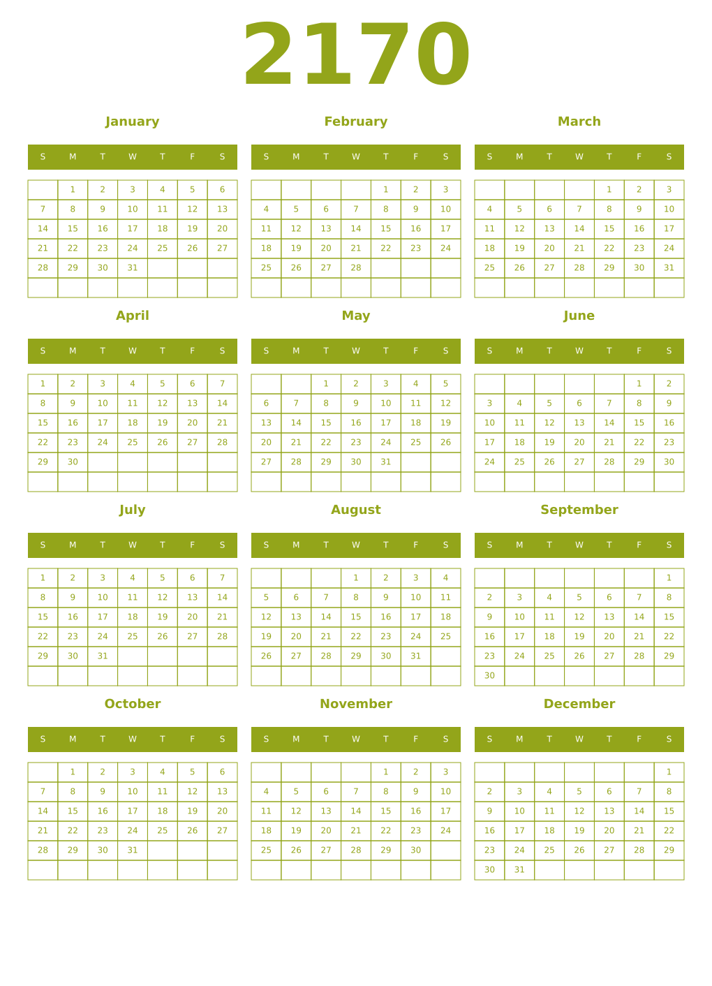 Printable 2170 Year Calendars chartreuse
