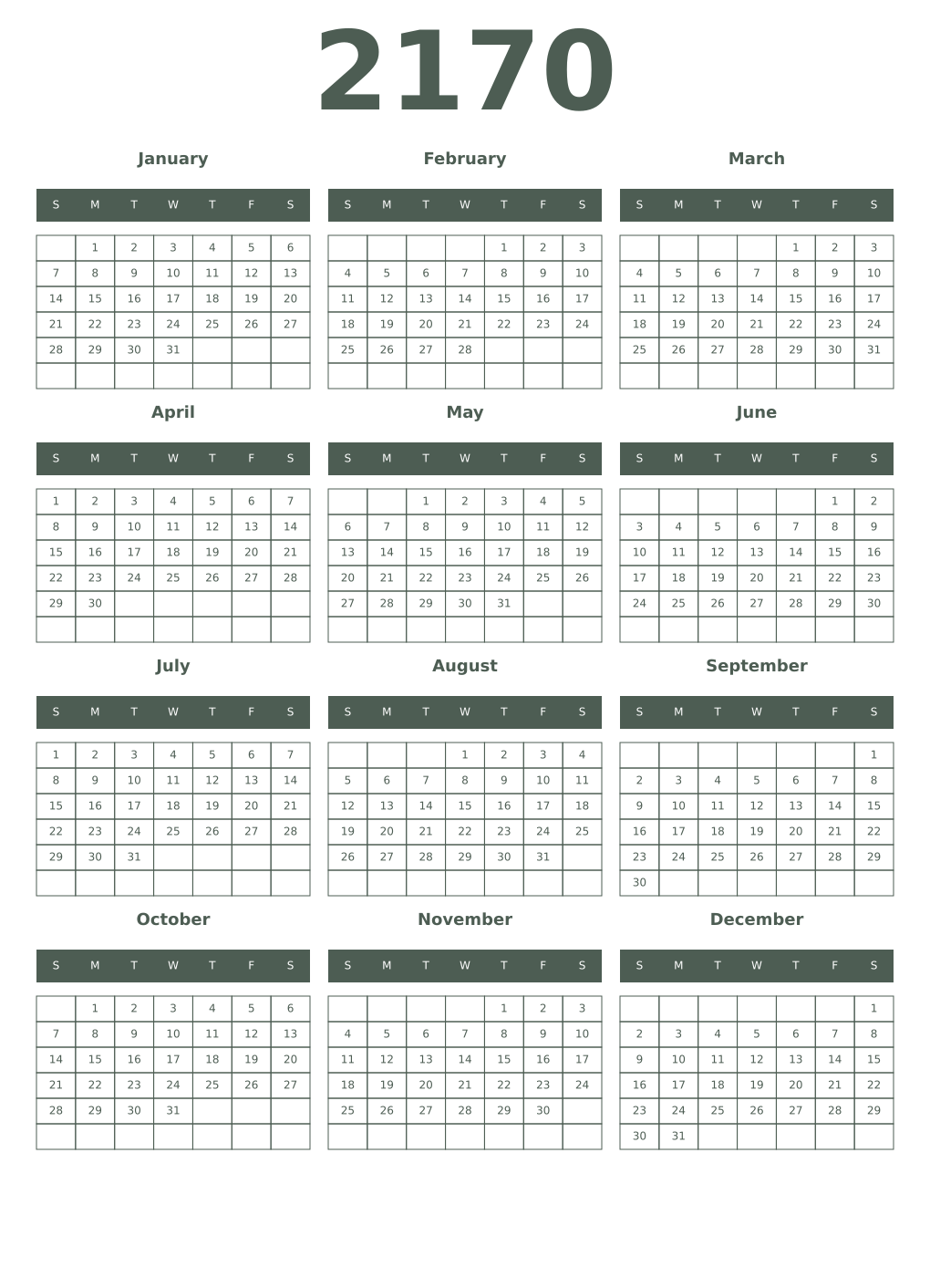 Printable 2170 Year Calendars feldgrau