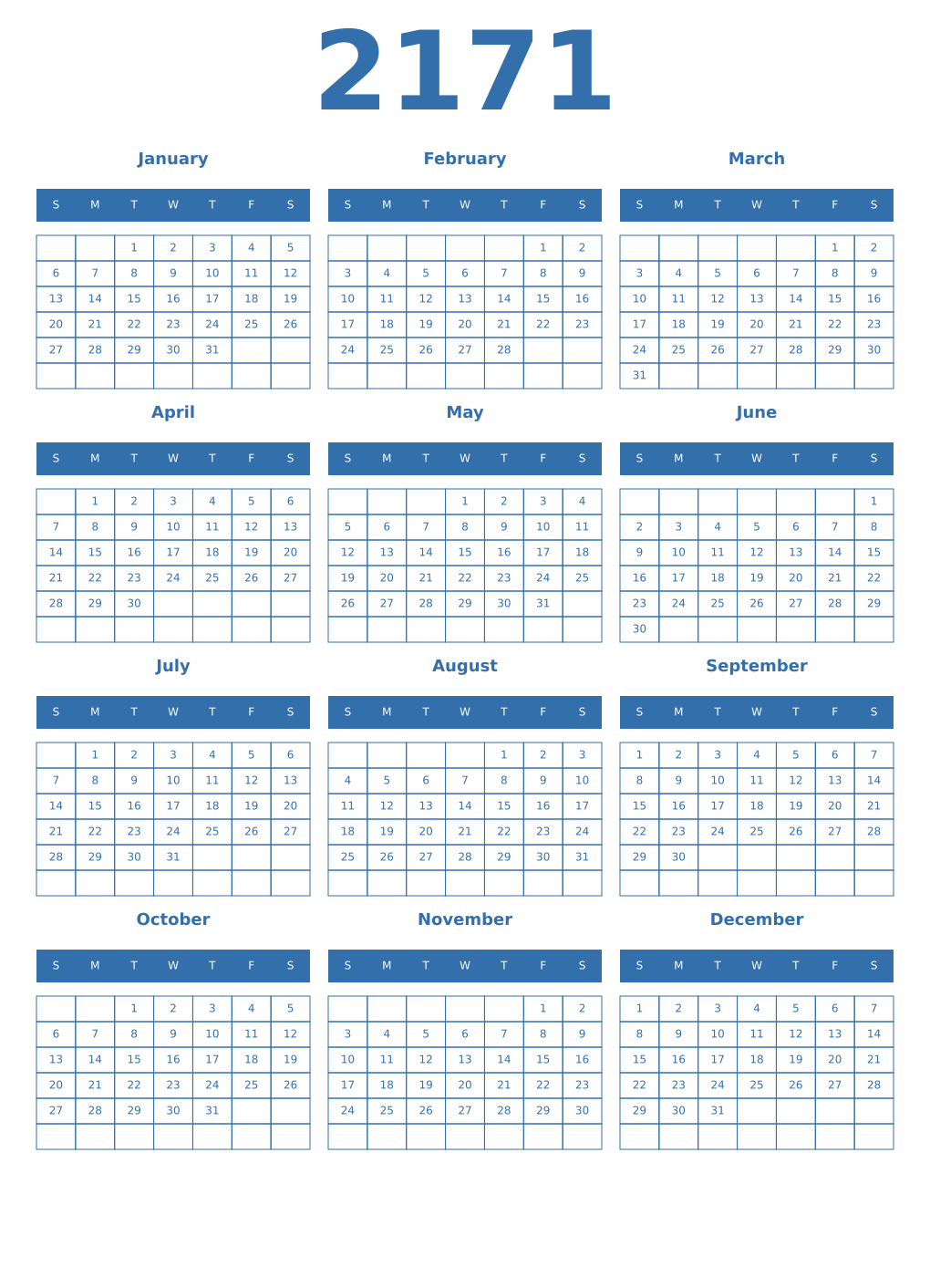 Printable 2171 Year Calendars blue