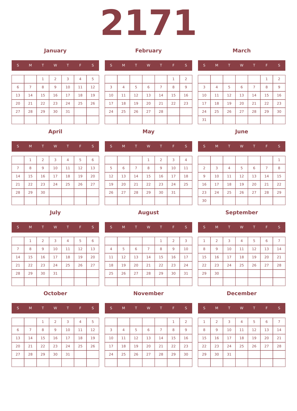 Printable 2171 Year Calendars cordovan