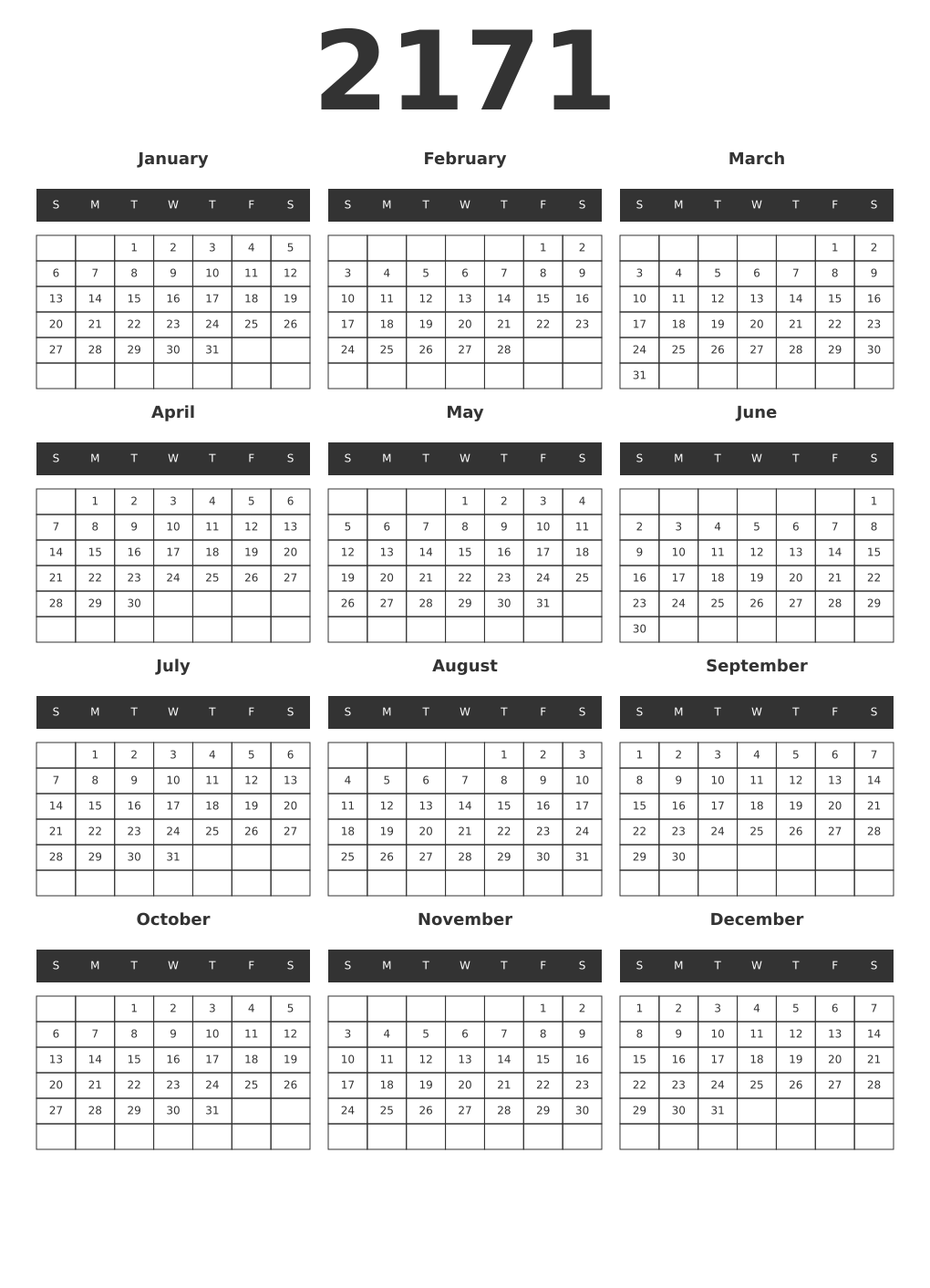 Printable 2171 Year Calendars dark