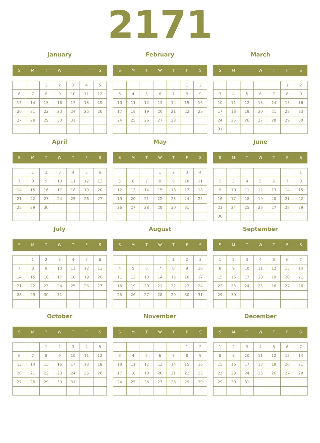 Printable 2171 Year Calendars eburnean