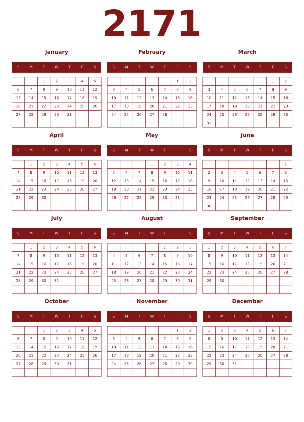 Printable 2171 Year Calendars falu