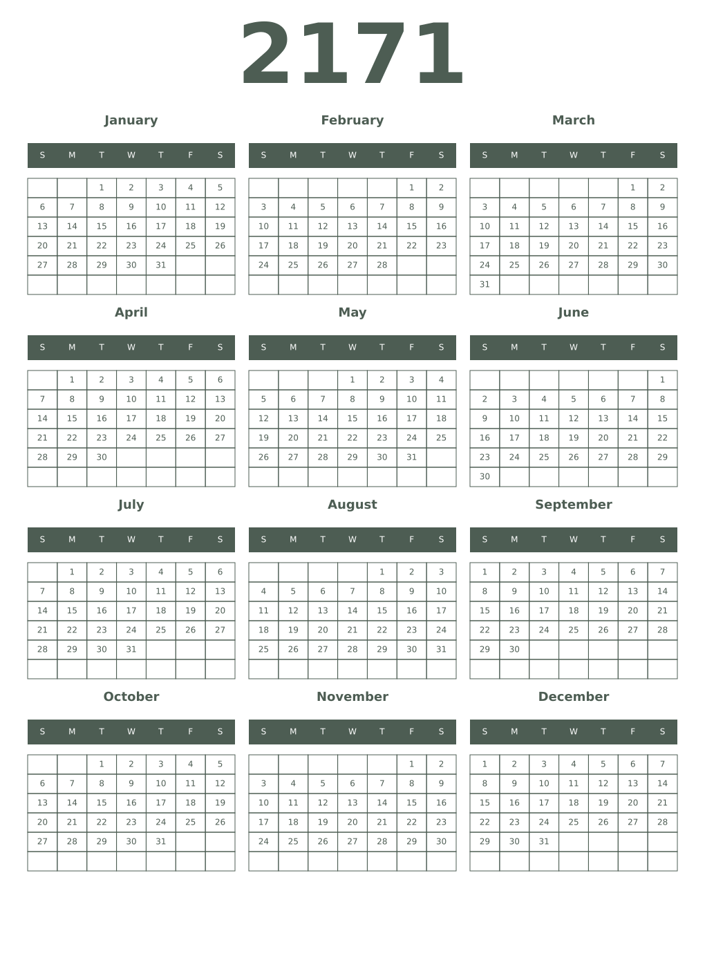 Printable 2171 Year Calendars feldgrau
