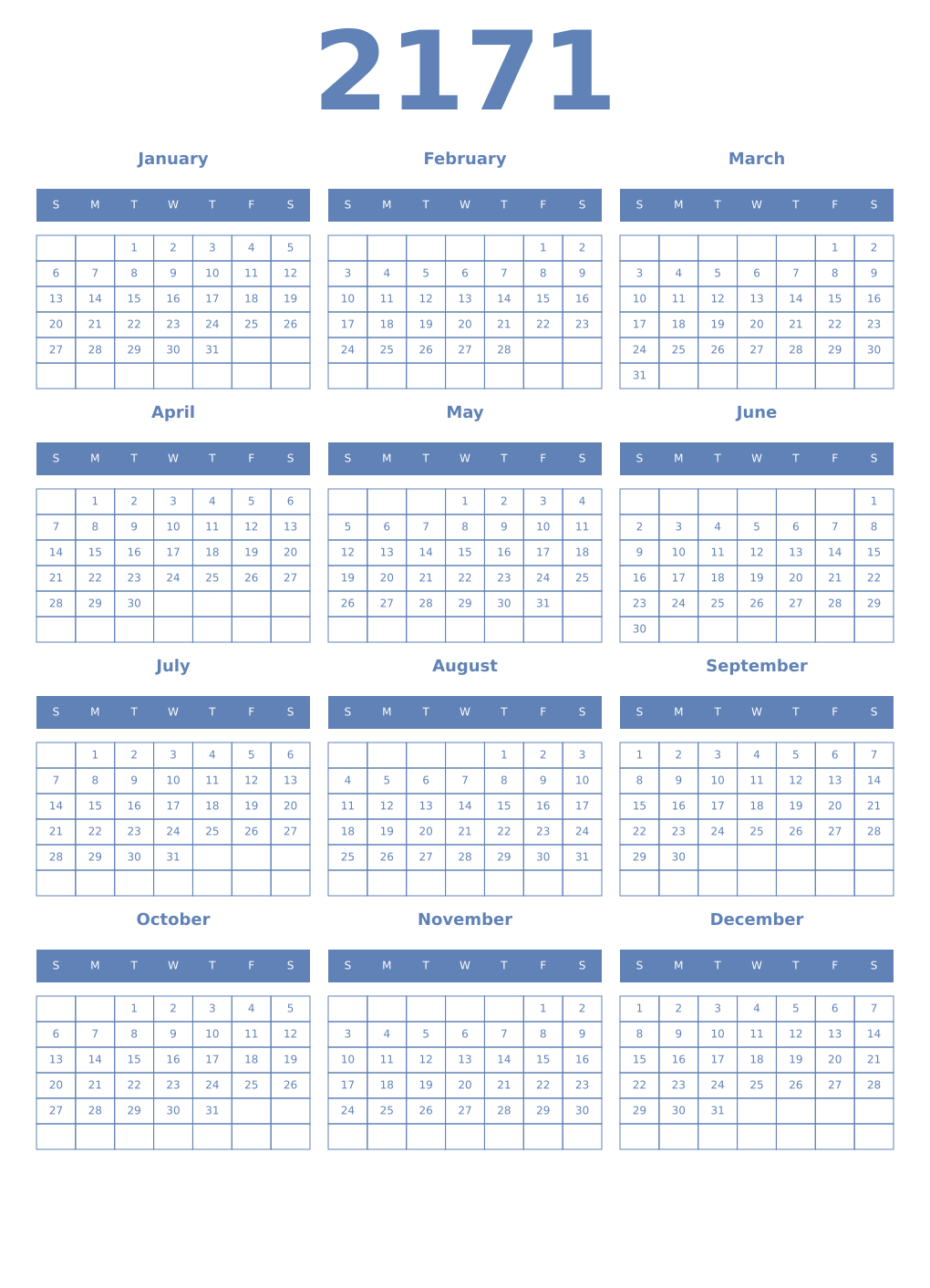Printable 2171 Year Calendars glaucous