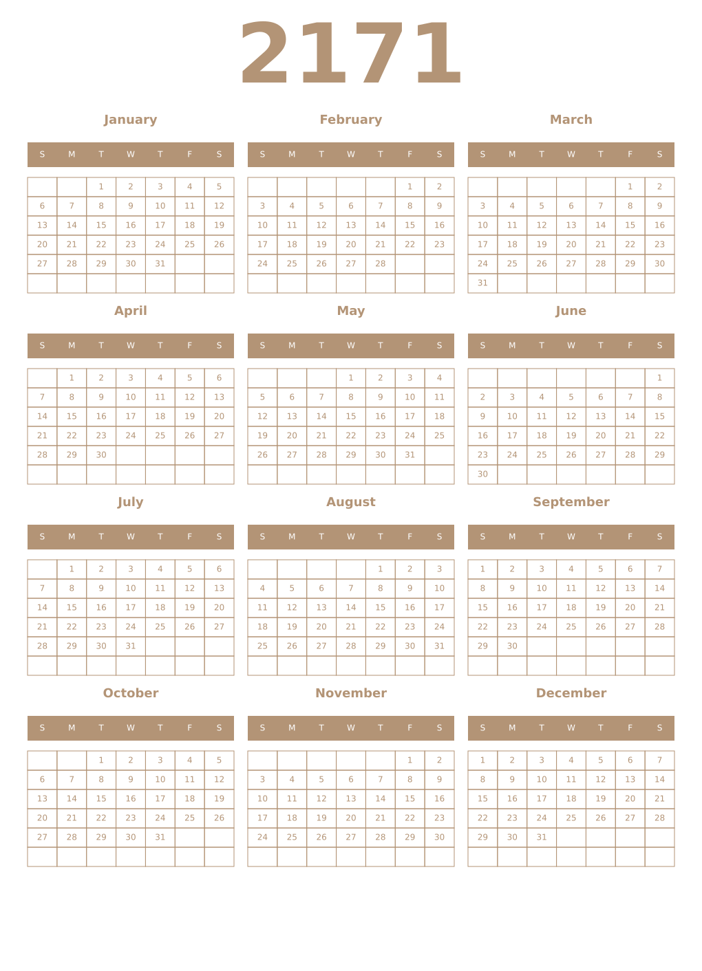 Printable 2171 Year Calendars isabelline