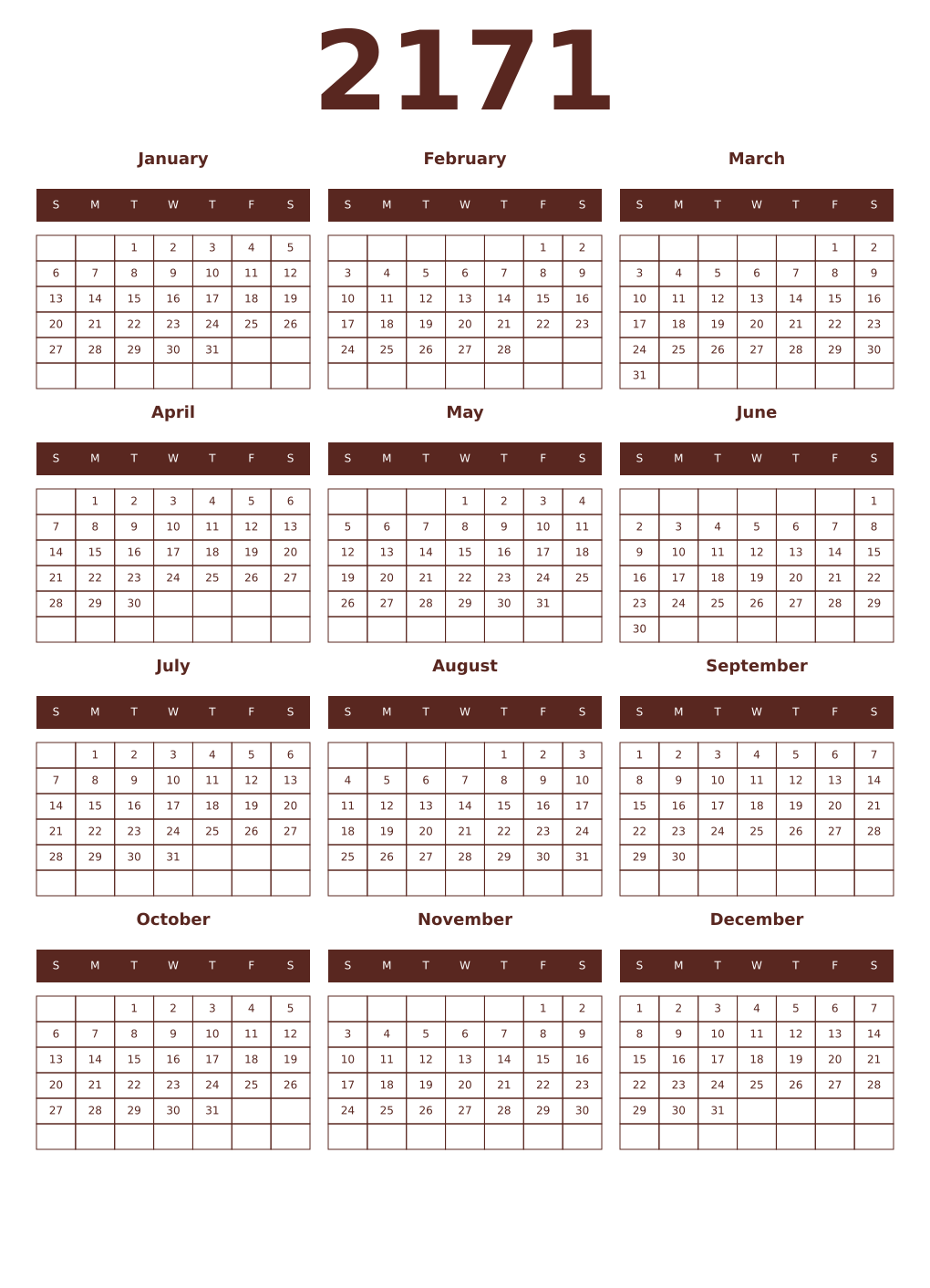 Printable 2171 Year Calendars mortuum