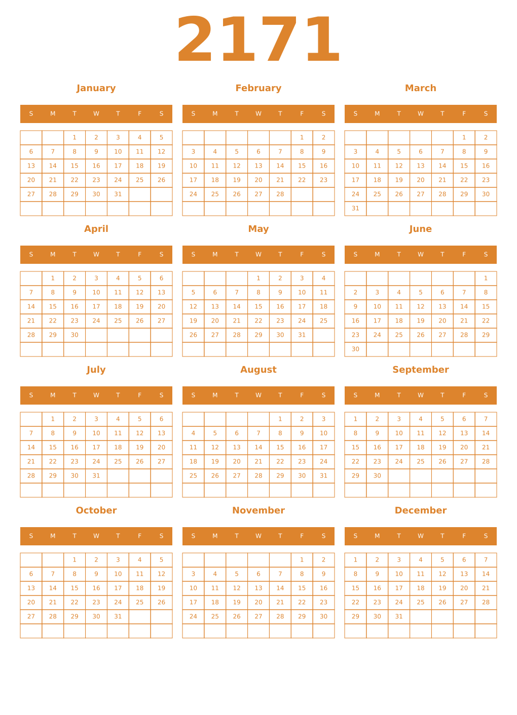 Printable 2171 Year Calendars orange