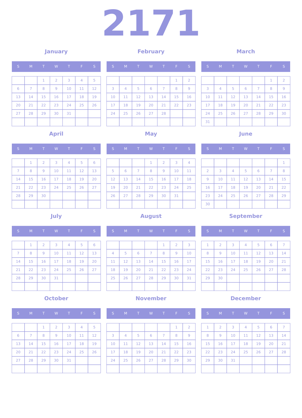 Printable 2171 Year Calendars periwinkle