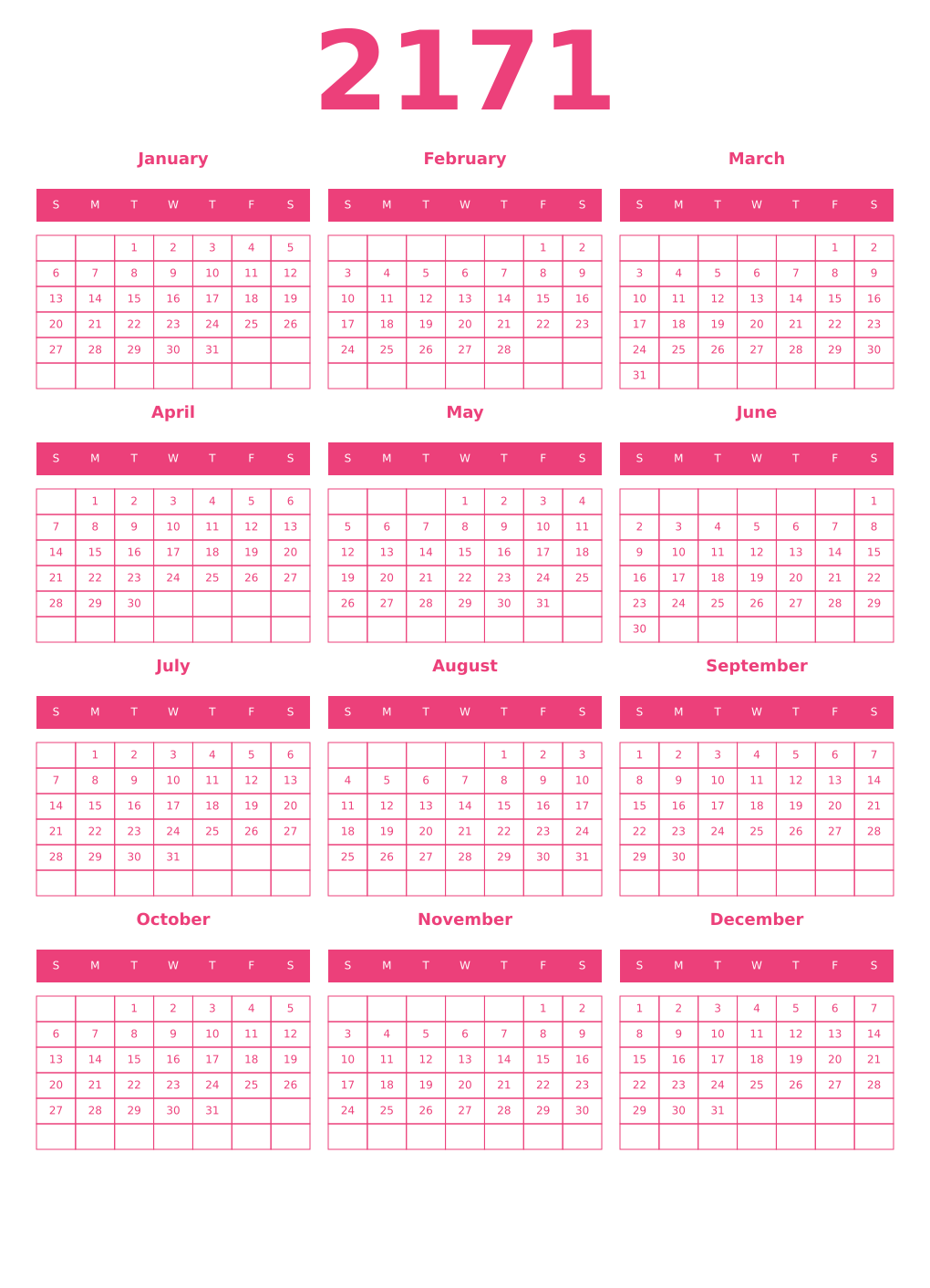 Printable 2171 Year Calendars pink