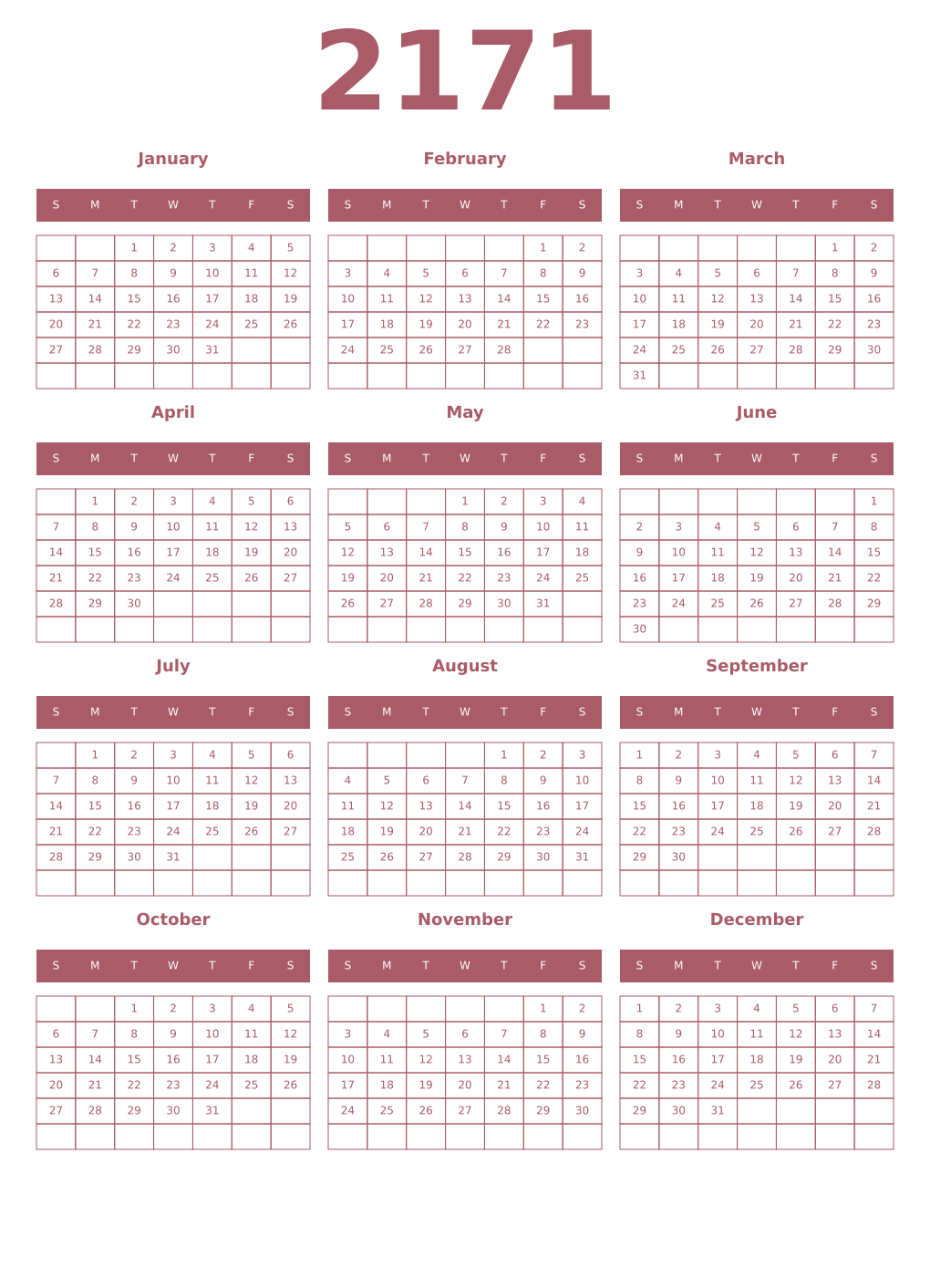 Printable 2171 Year Calendars puce