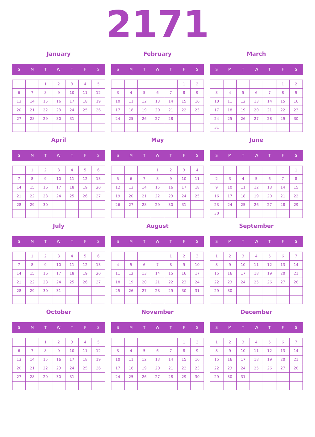 Printable 2171 Year Calendars purple