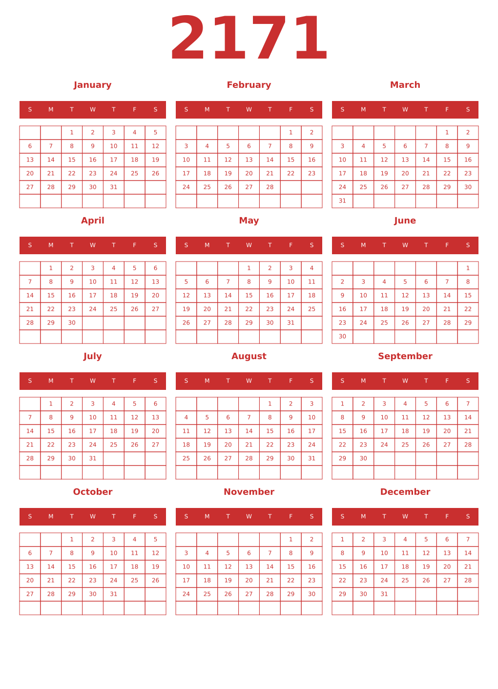 Printable 2171 Year Calendars red