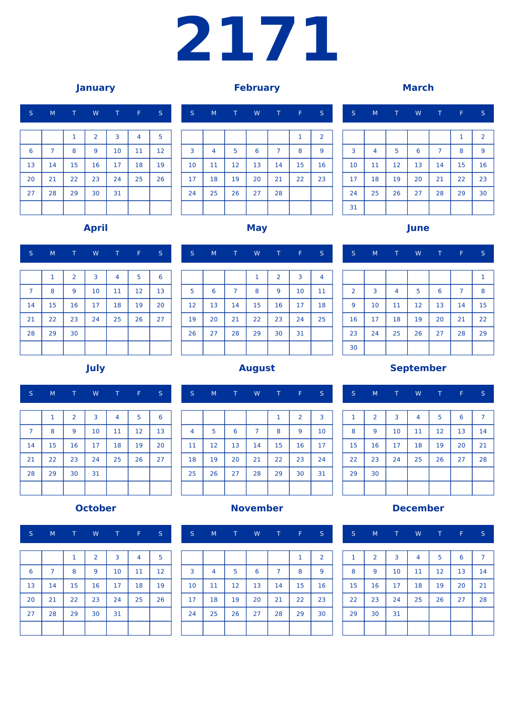 Printable 2171 Year Calendars smalt