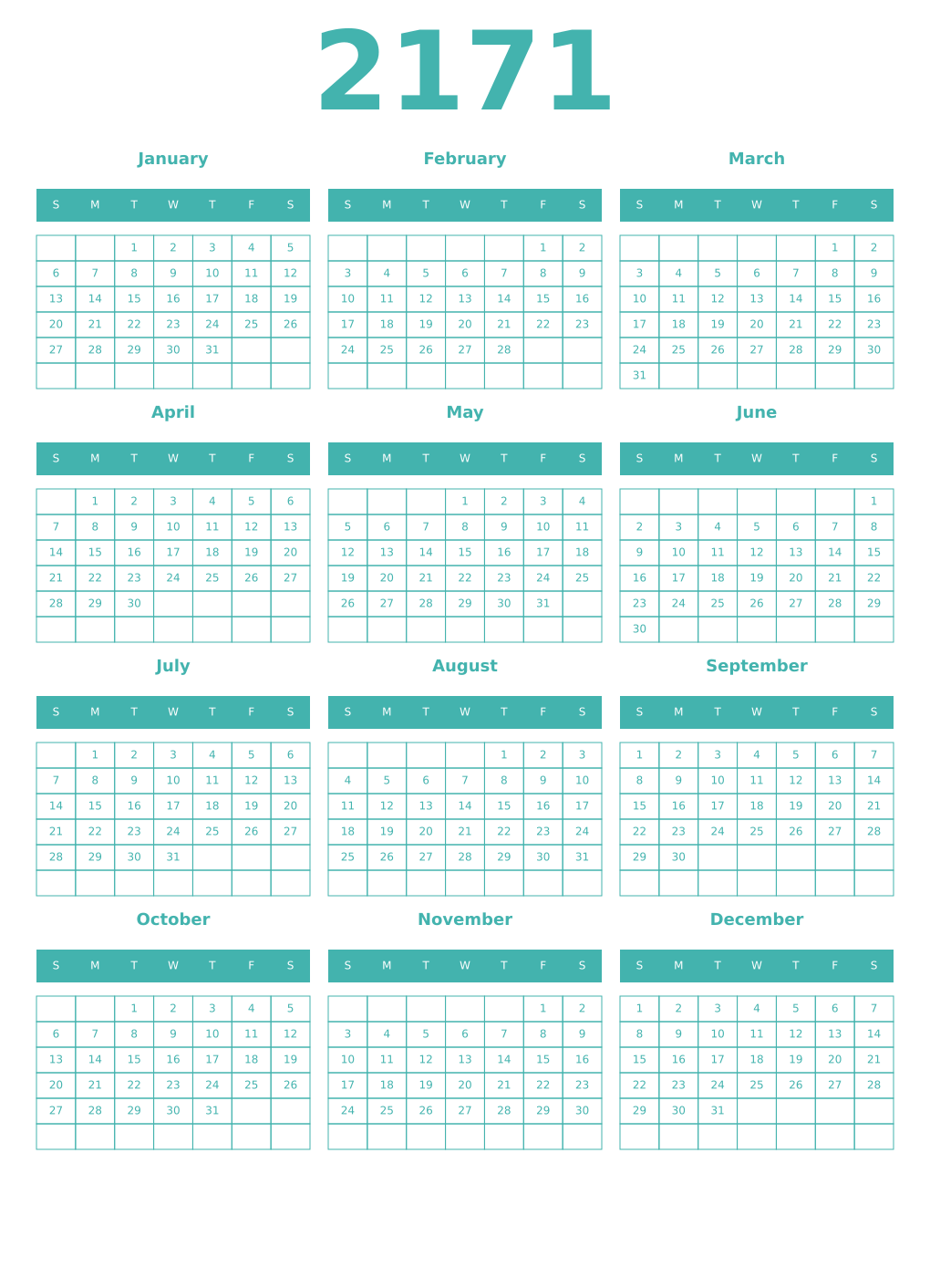 Printable 2171 Year Calendars verdigris