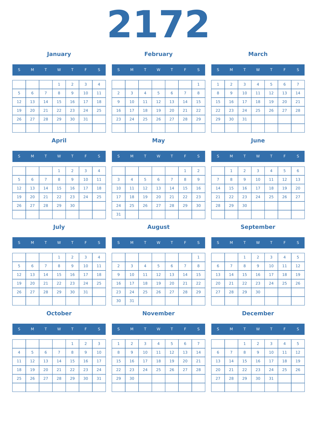 Printable 2172 Year Calendars blue