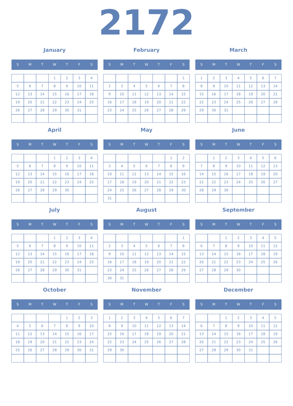 Printable 2172 Year Calendars glaucous