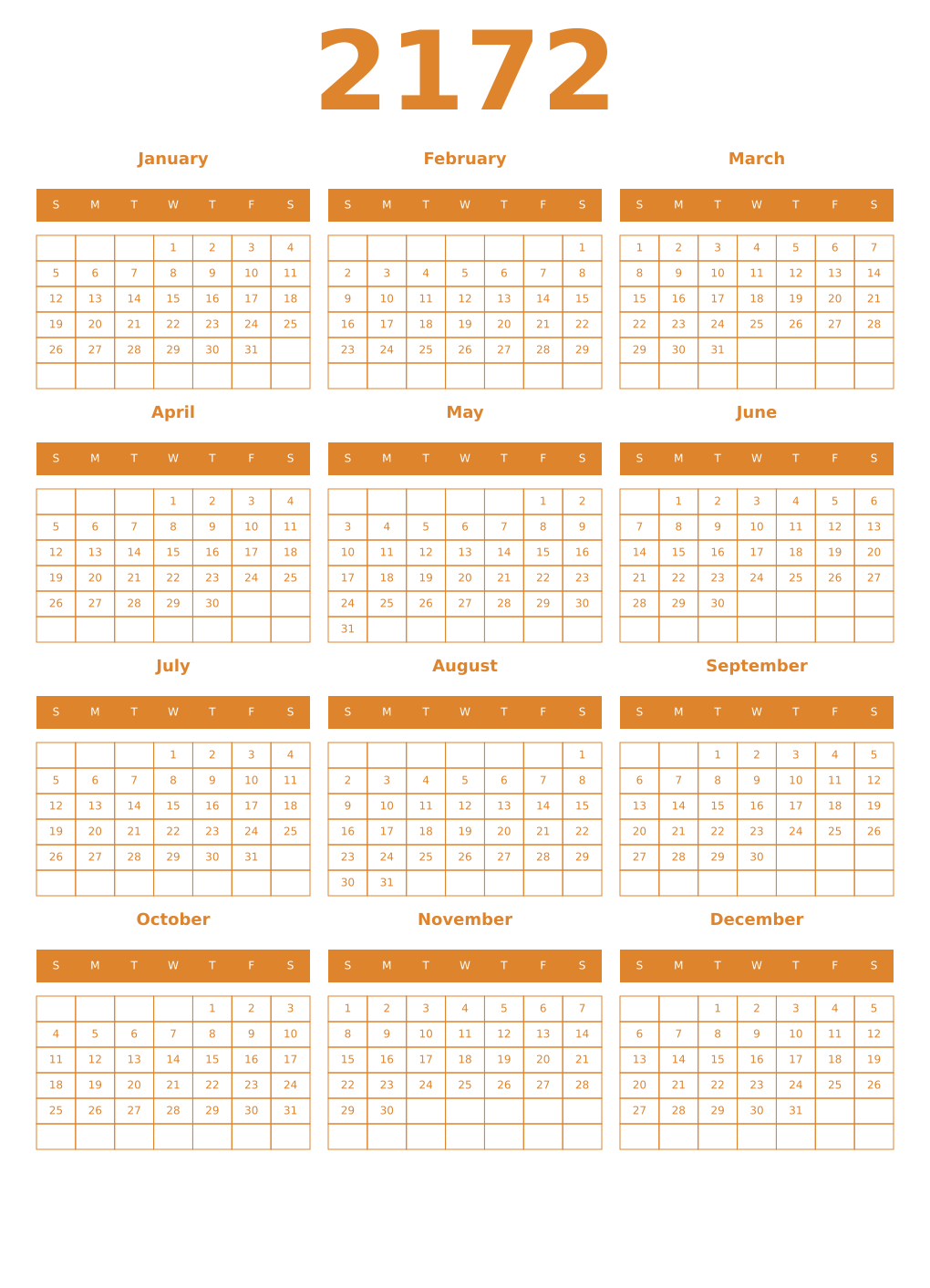 Printable 2172 Year Calendars orange