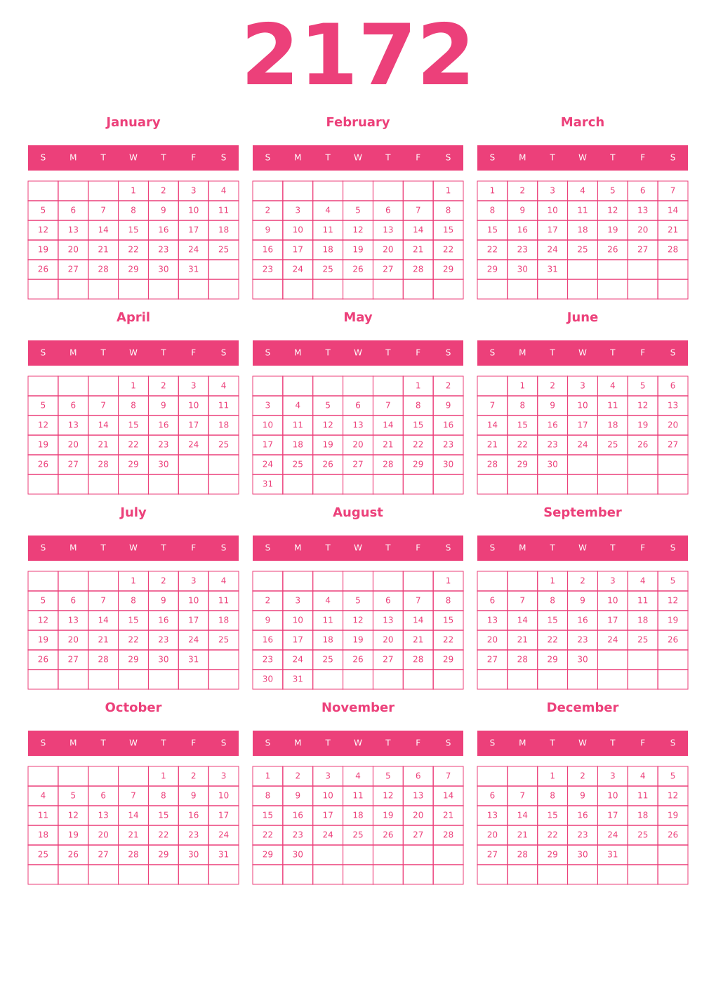 Printable 2172 Year Calendars pink