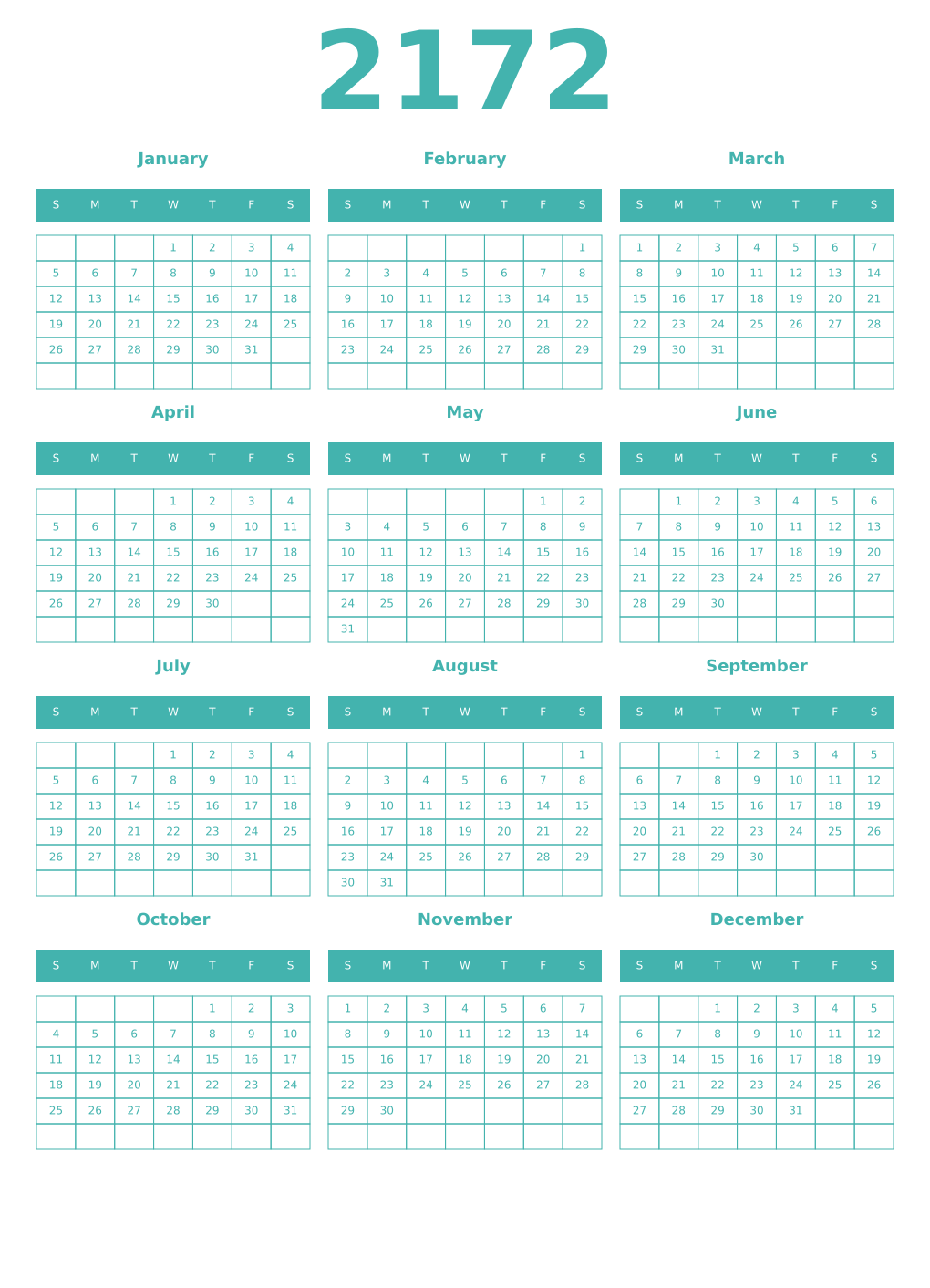 Printable 2172 Year Calendars verdigris