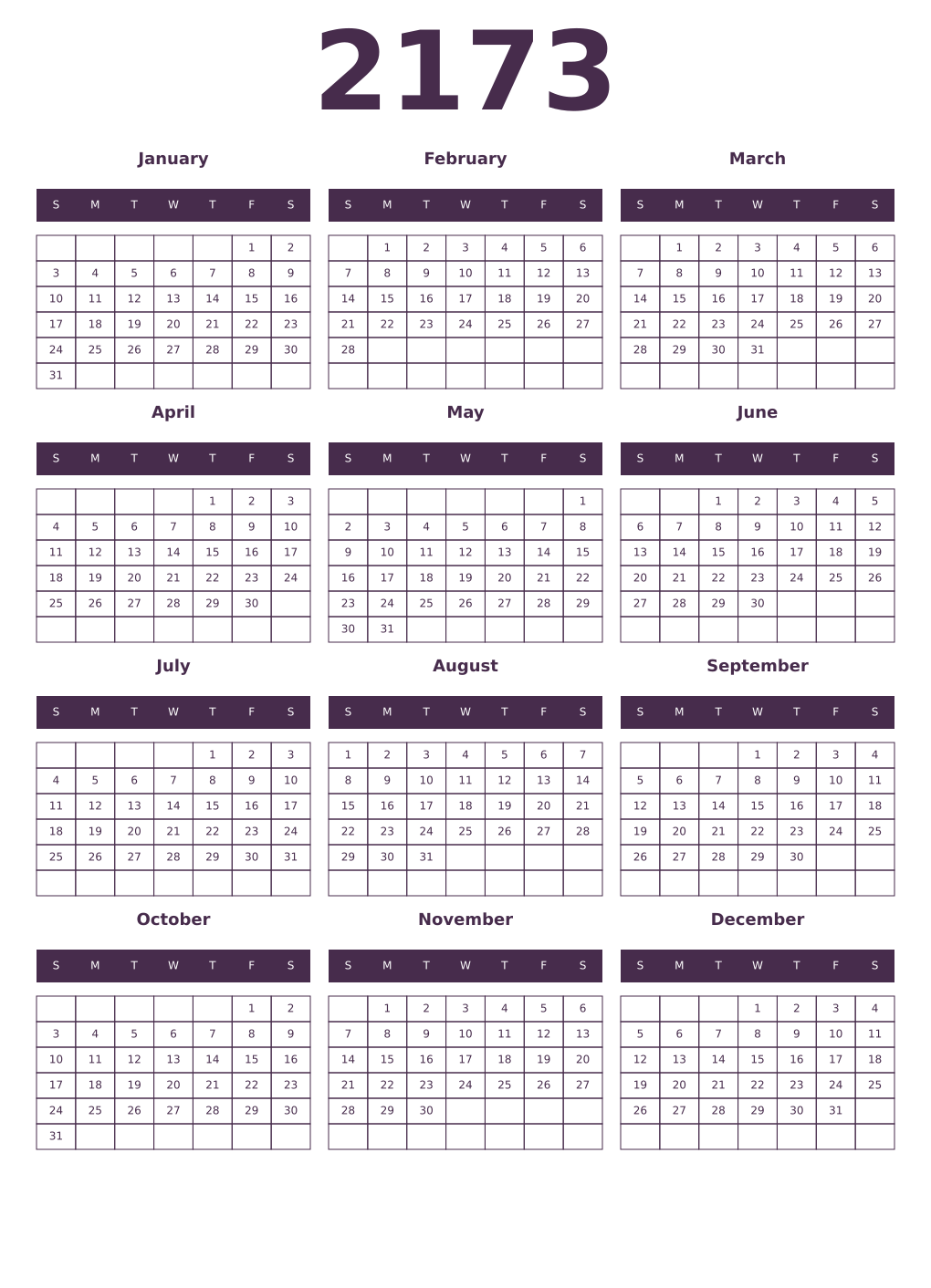 Printable 2173 Year Calendars aubergine