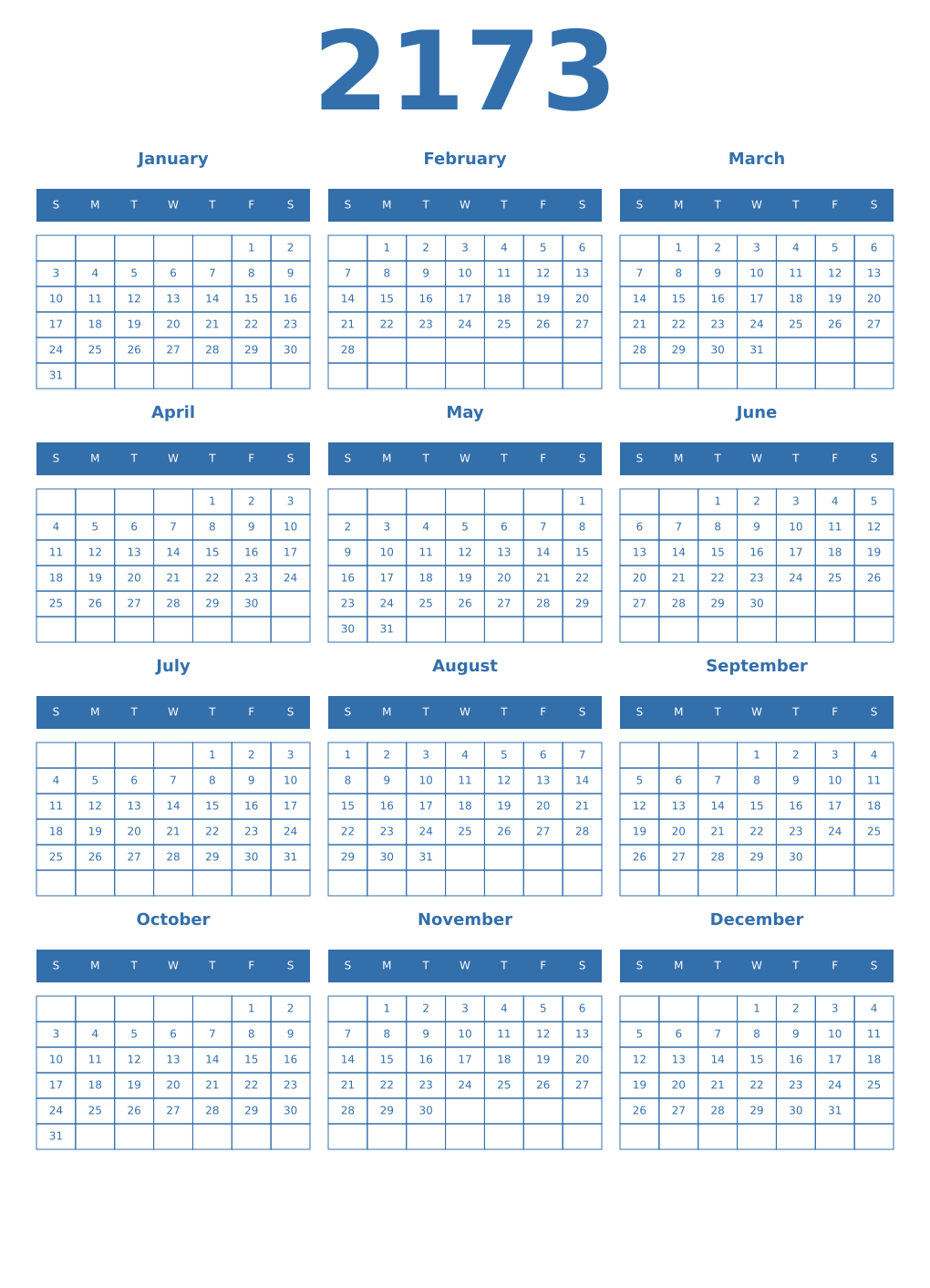 Printable 2173 Year Calendars blue
