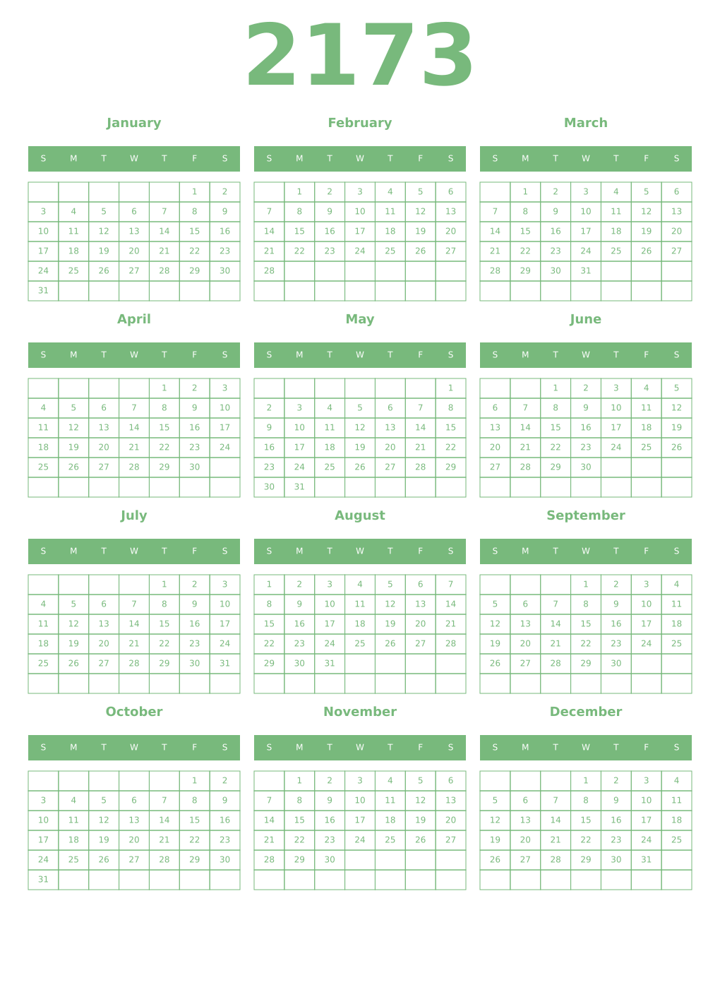 Printable 2173 Year Calendars celadon