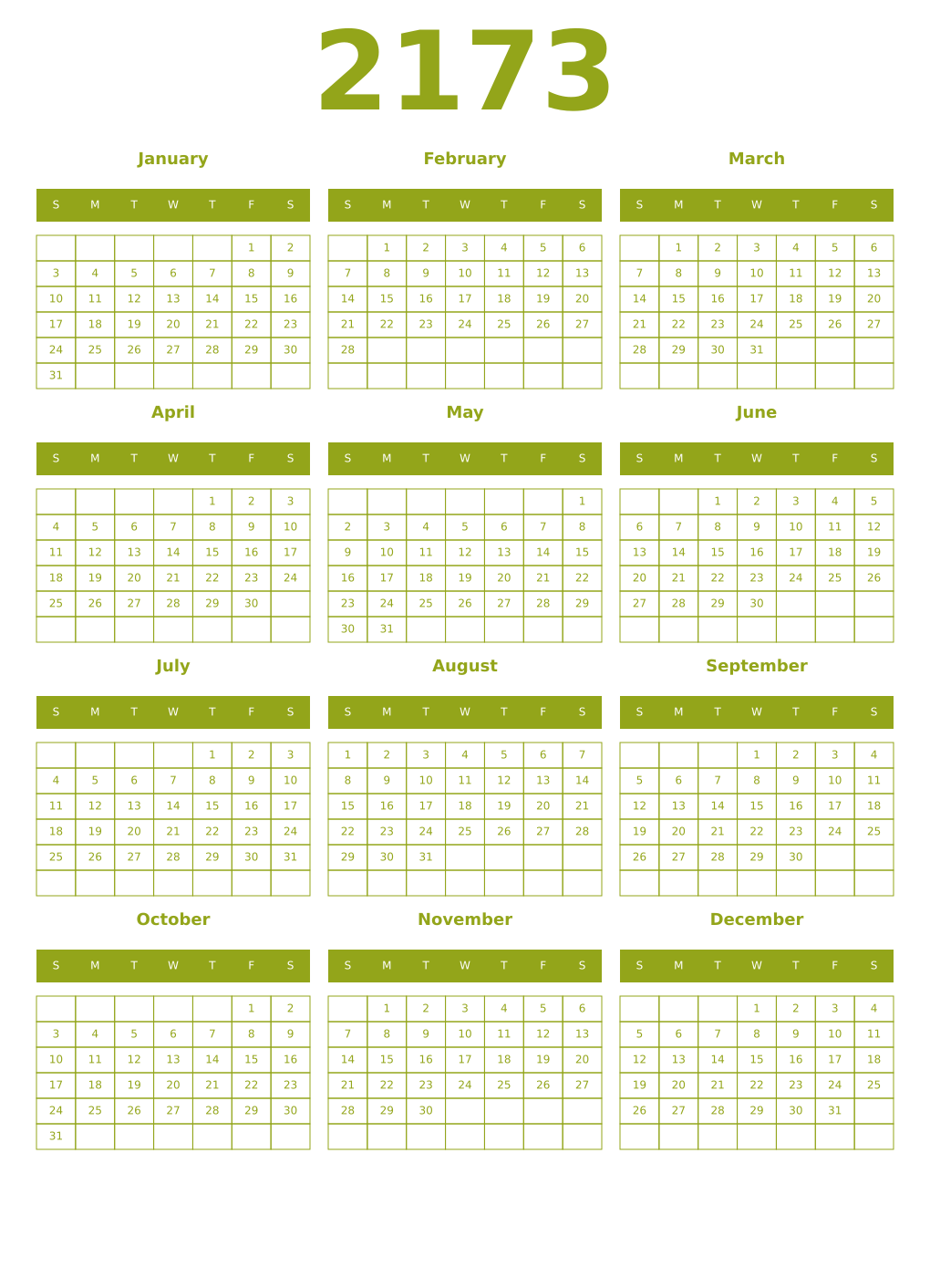 Printable 2173 Year Calendars chartreuse
