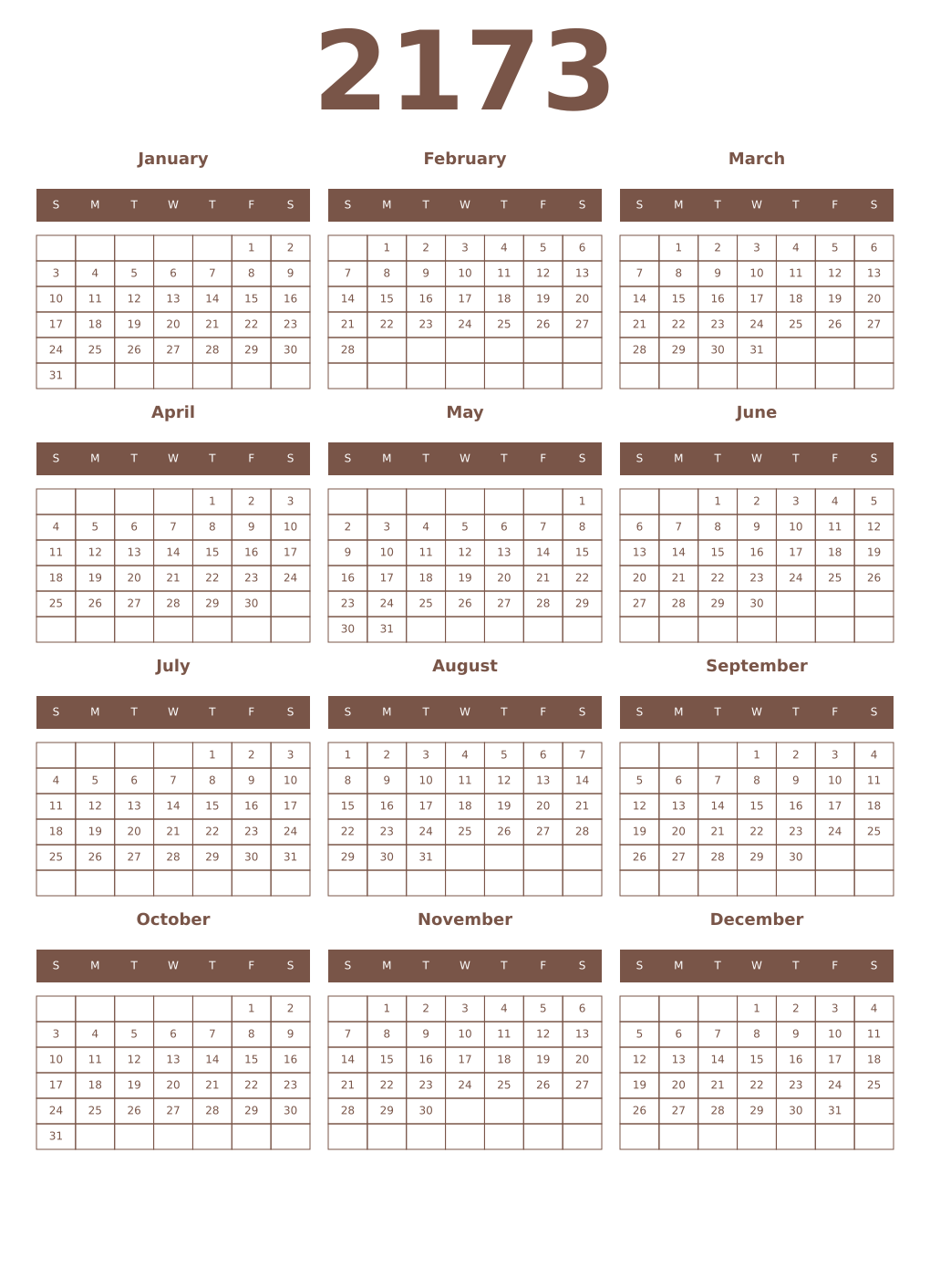 Printable 2173 Year Calendars coffe