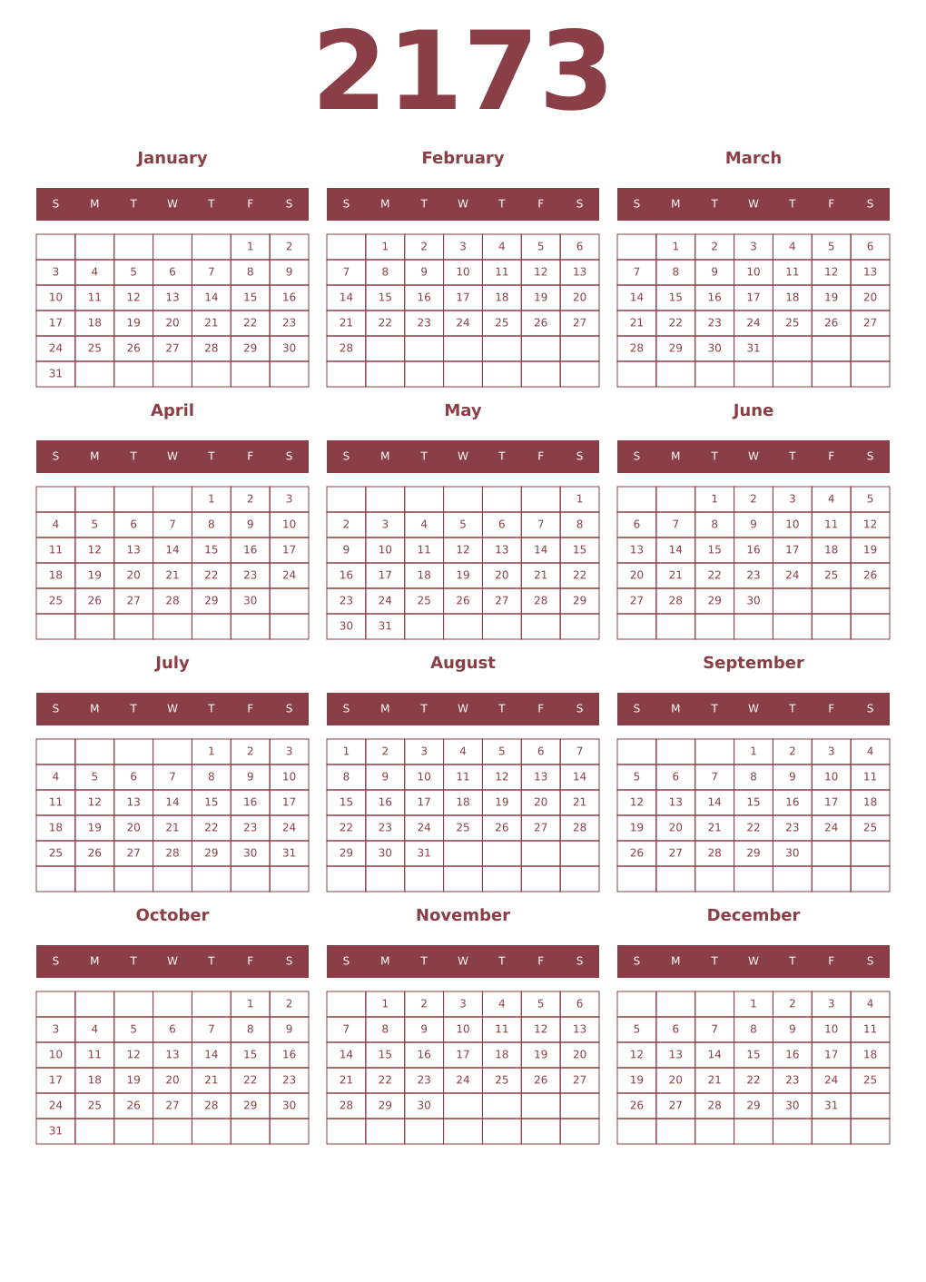 Printable 2173 Year Calendars cordovan