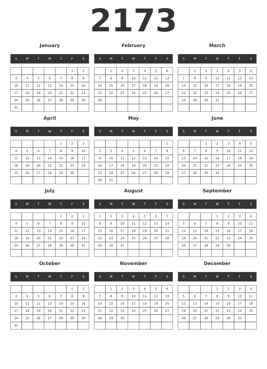 Printable 2173 Year Calendars dark