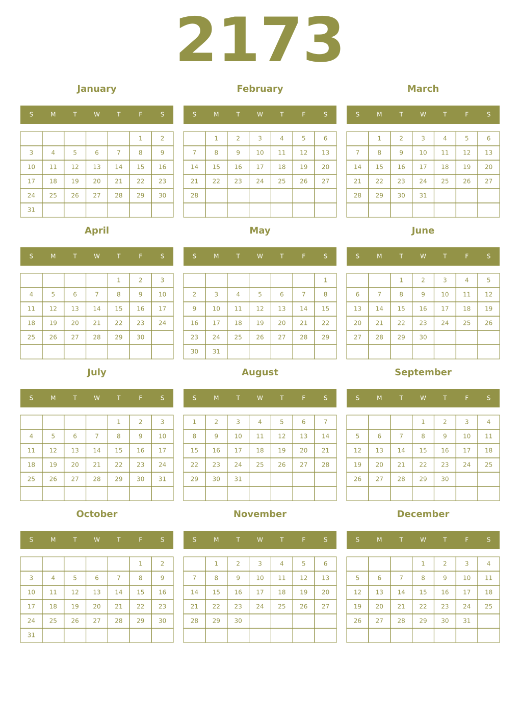 Printable 2173 Year Calendars eburnean