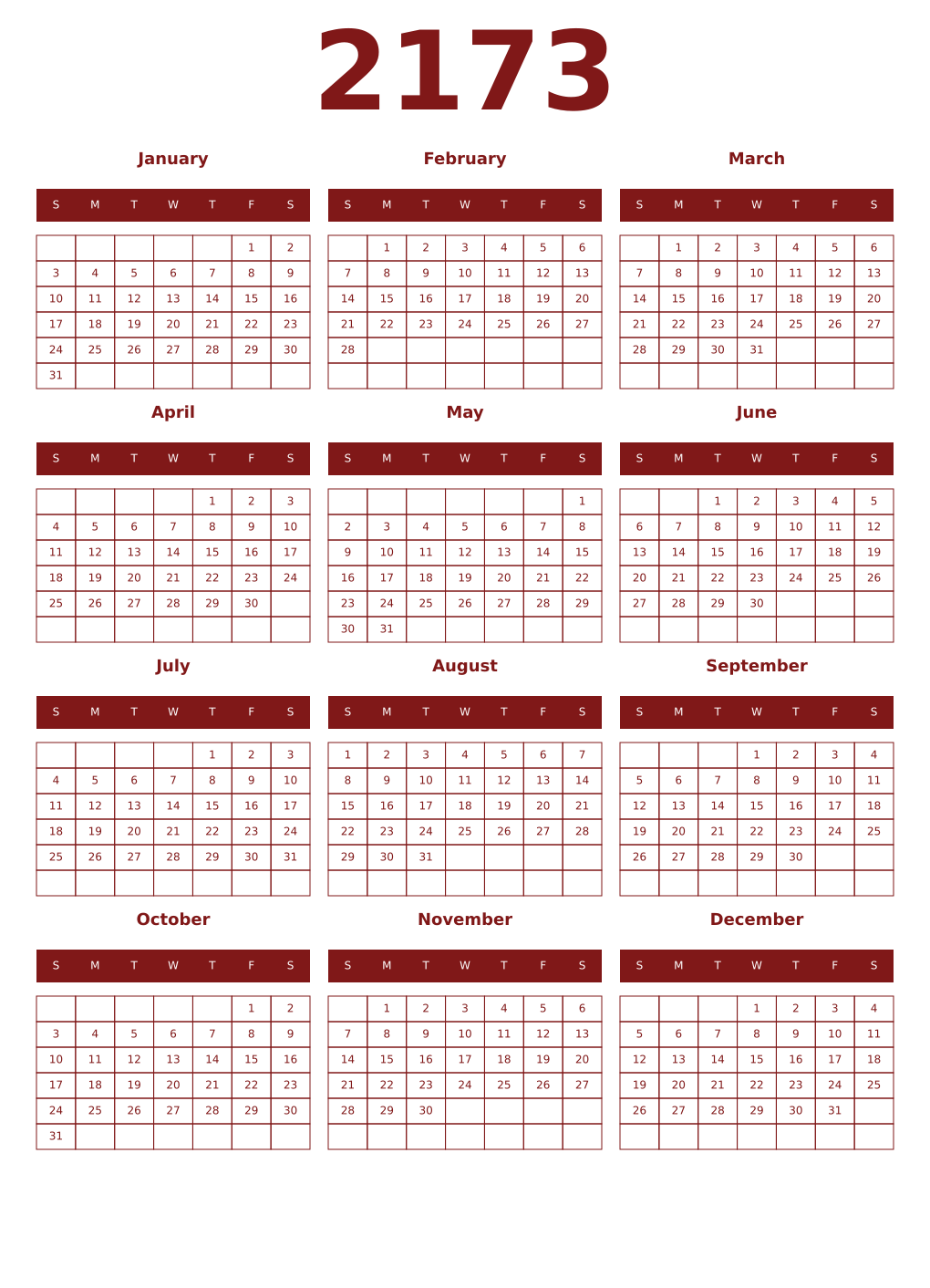Printable 2173 Year Calendars falu