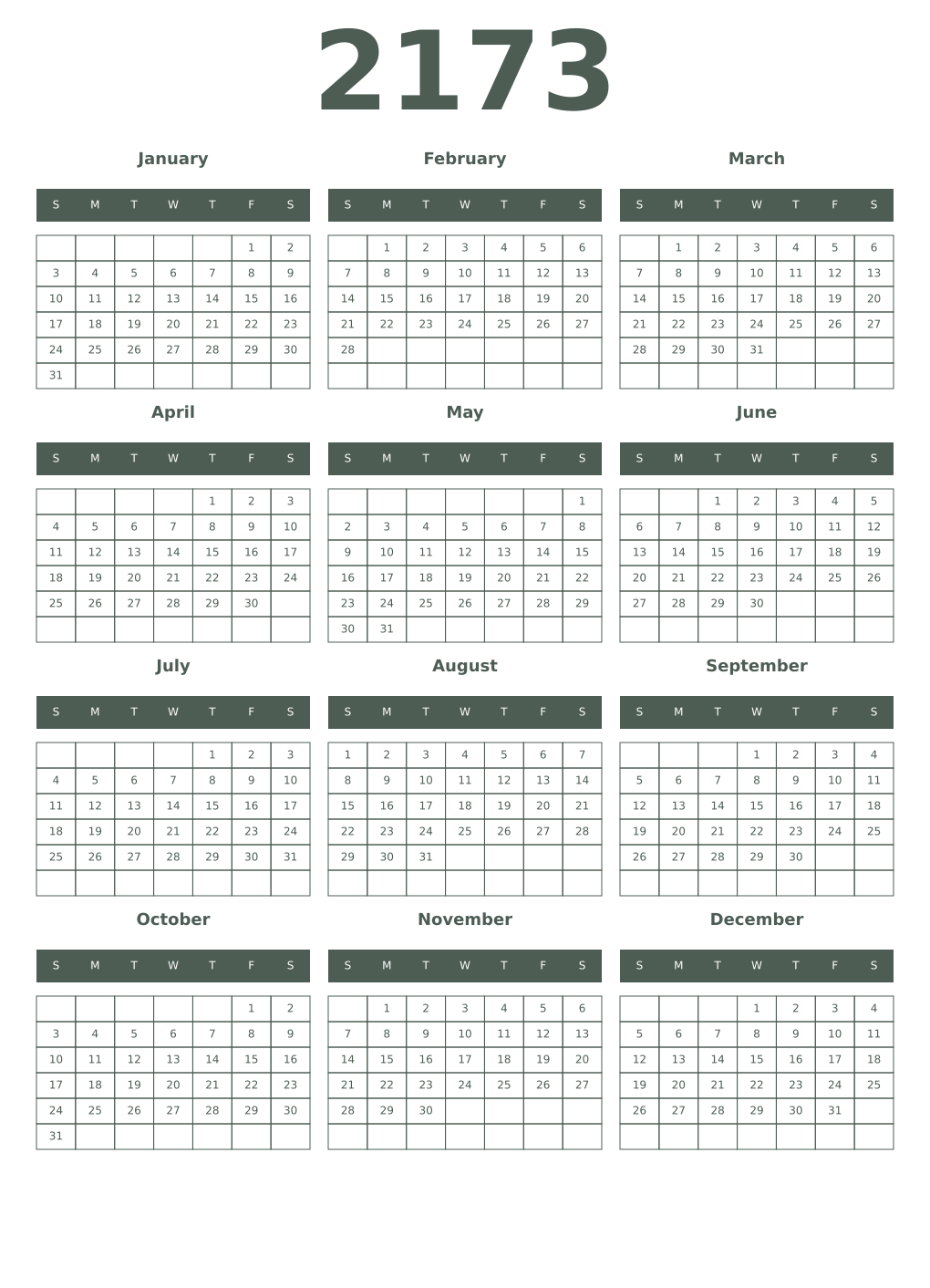 Printable 2173 Year Calendars feldgrau