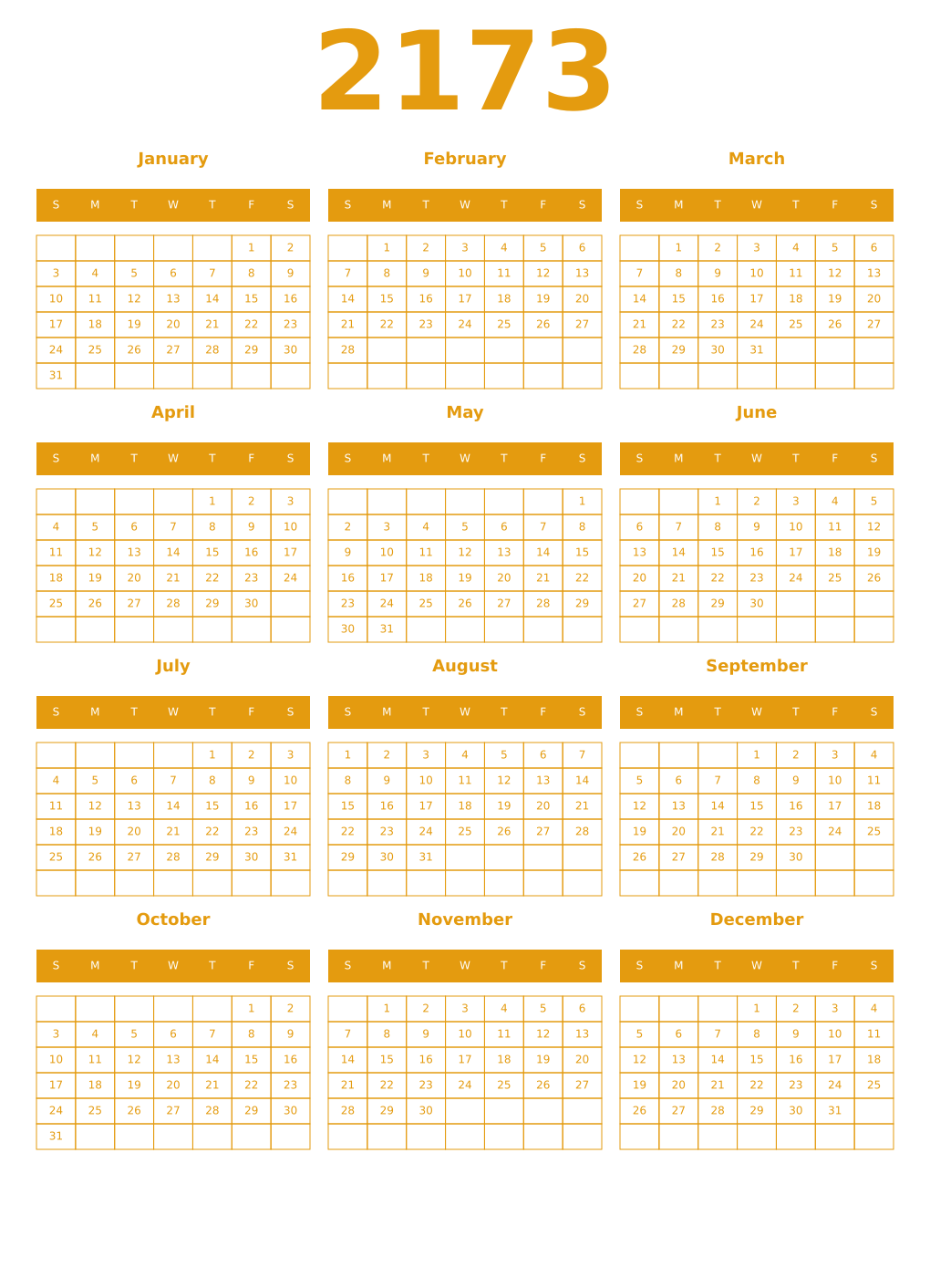 Printable 2173 Year Calendars gamboge