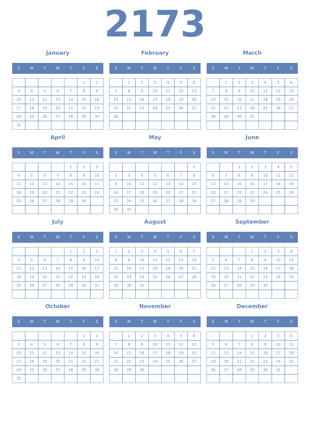 Printable 2173 Year Calendars glaucous