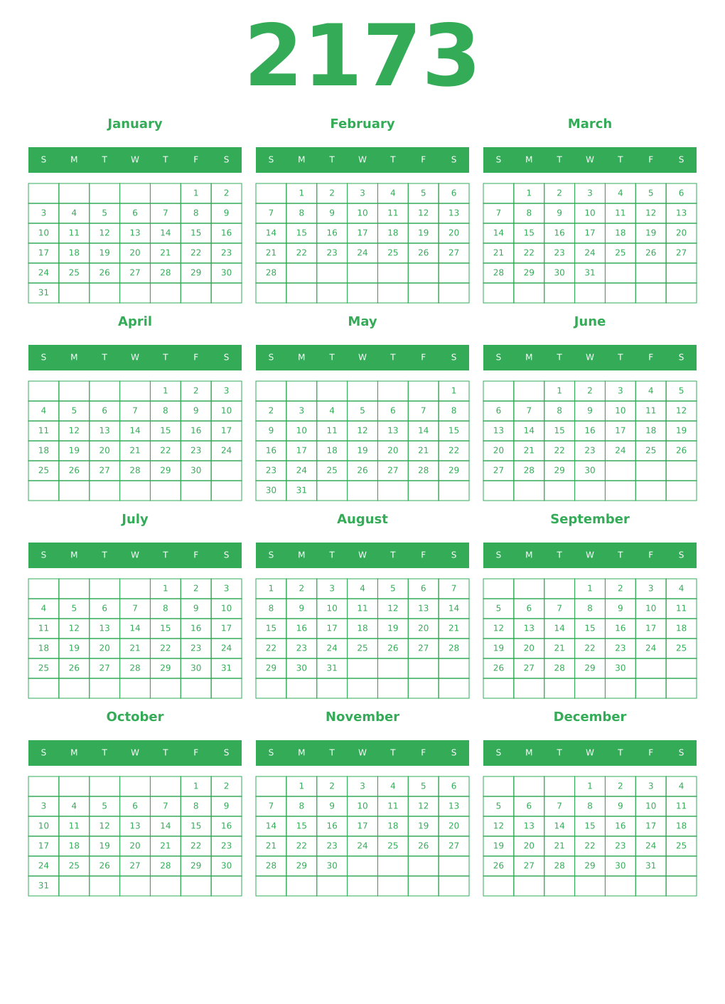Printable 2173 Year Calendars green