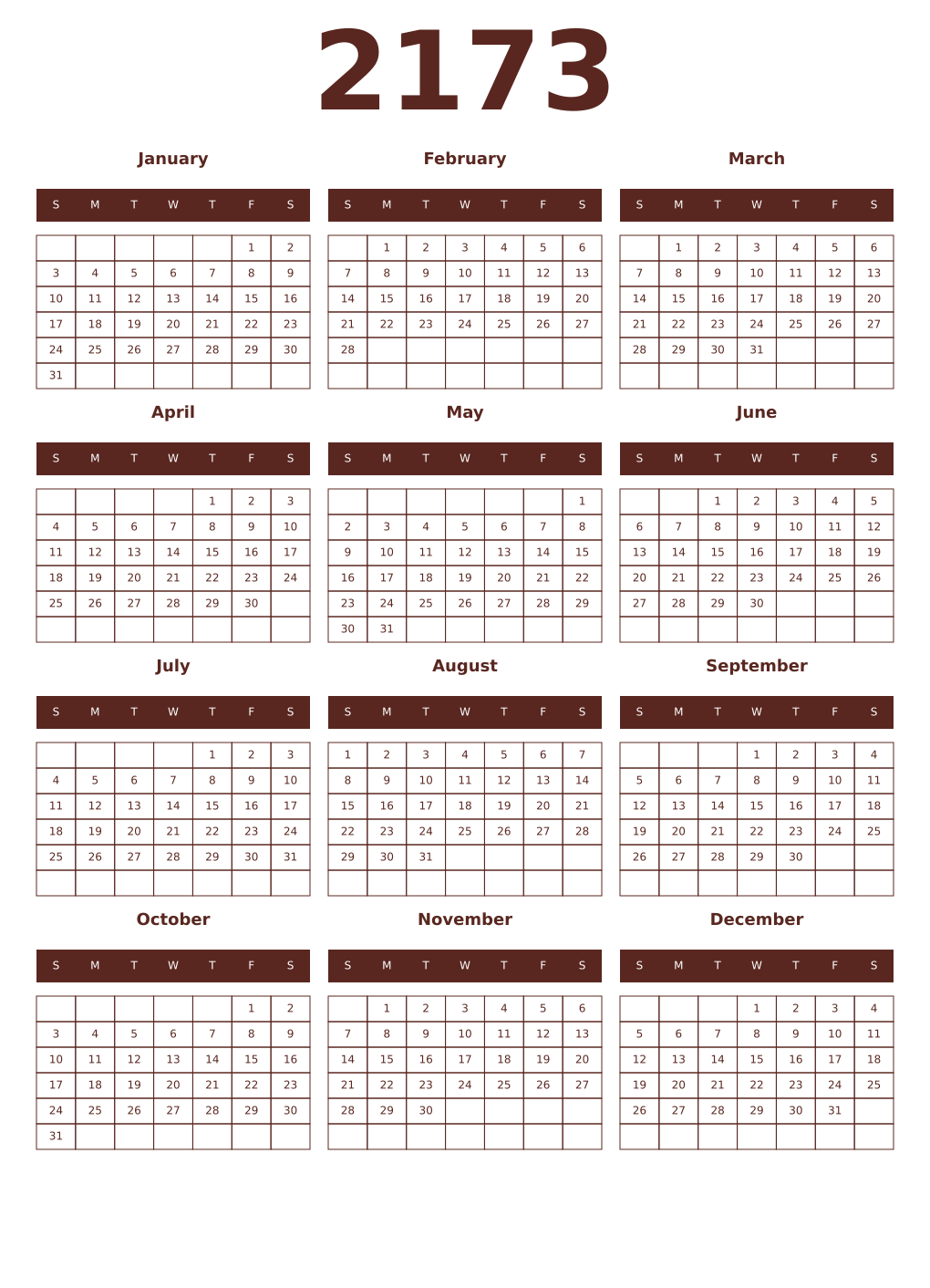 Printable 2173 Year Calendars mortuum