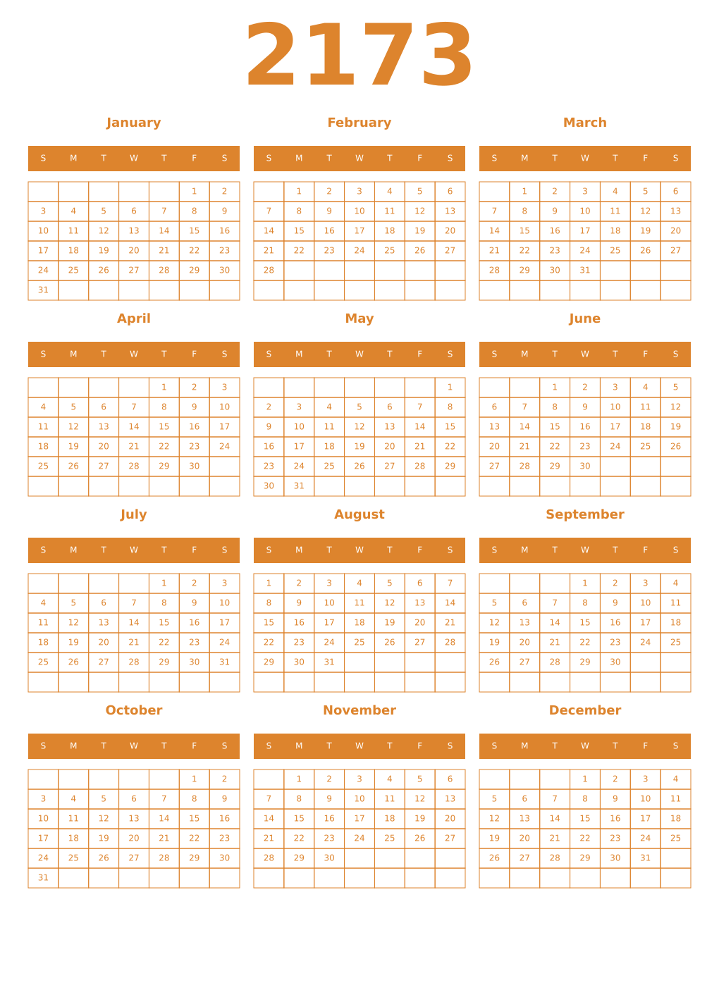 Printable 2173 Year Calendars orange