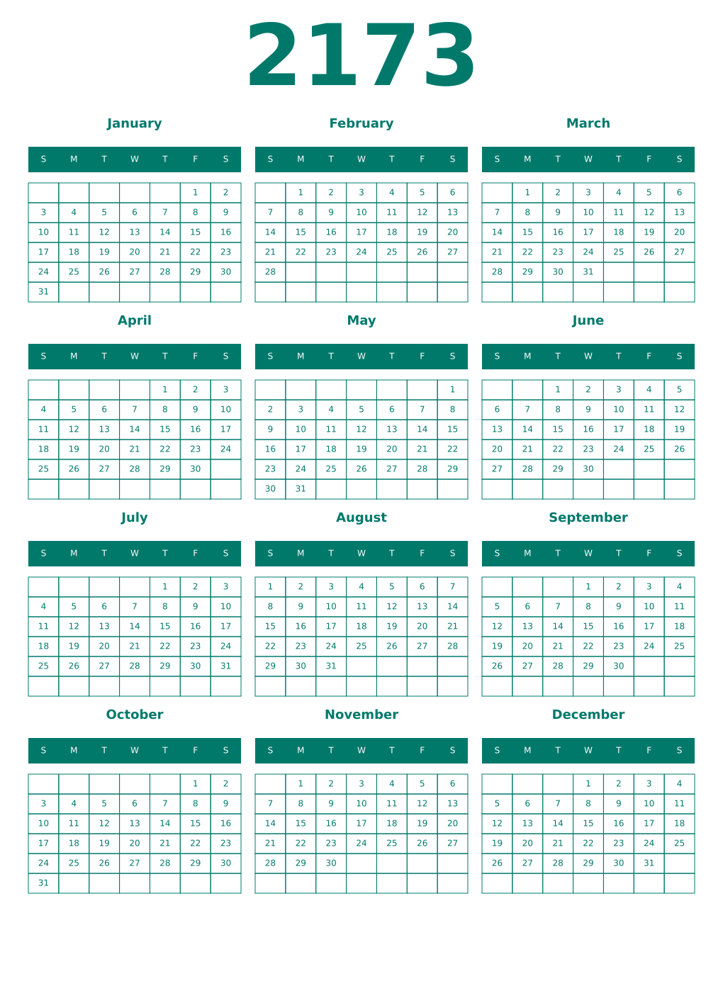 Printable 2173 Year Calendars pastel