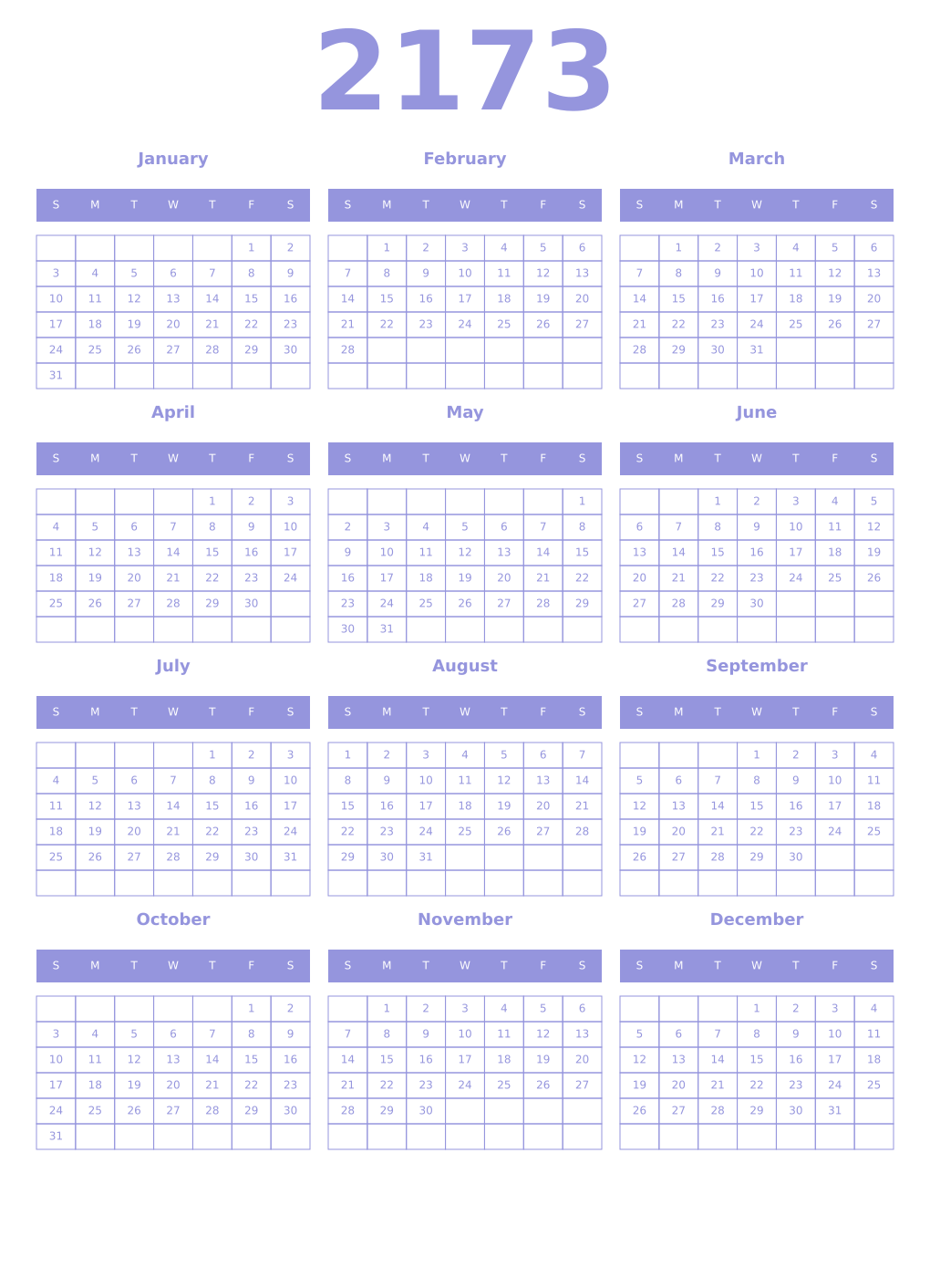 Printable 2173 Year Calendars periwinkle