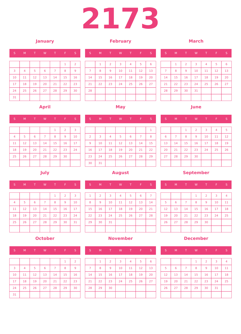 Printable 2173 Year Calendars pink