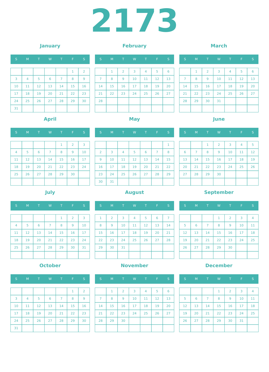 Printable 2173 Year Calendars verdigris
